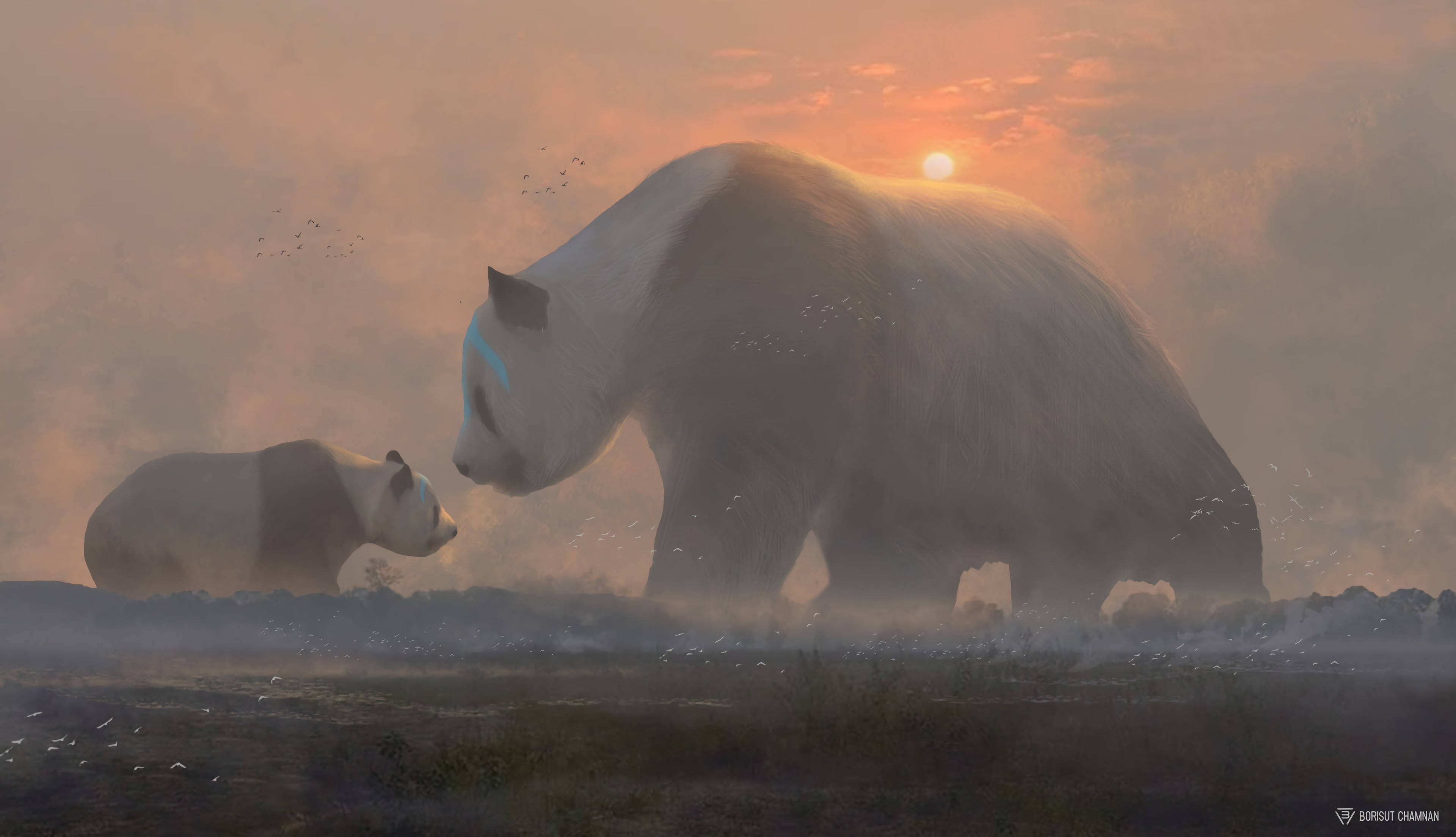 Panda ve Yavrusu Gün Batımı Duvar Kağıdı