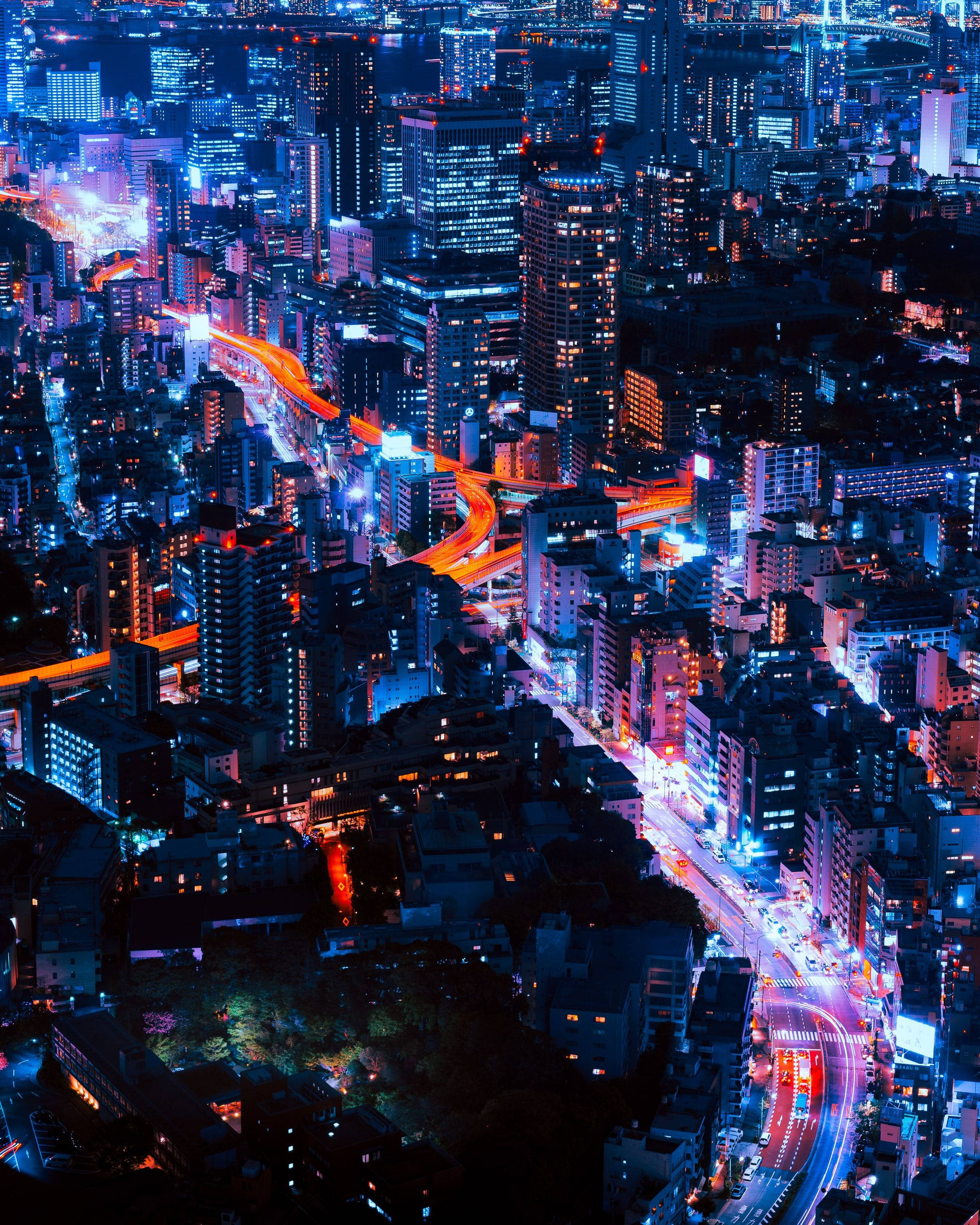 Parlayan Gece Tokyo Şehri Panoraması Duvar Kağıdı