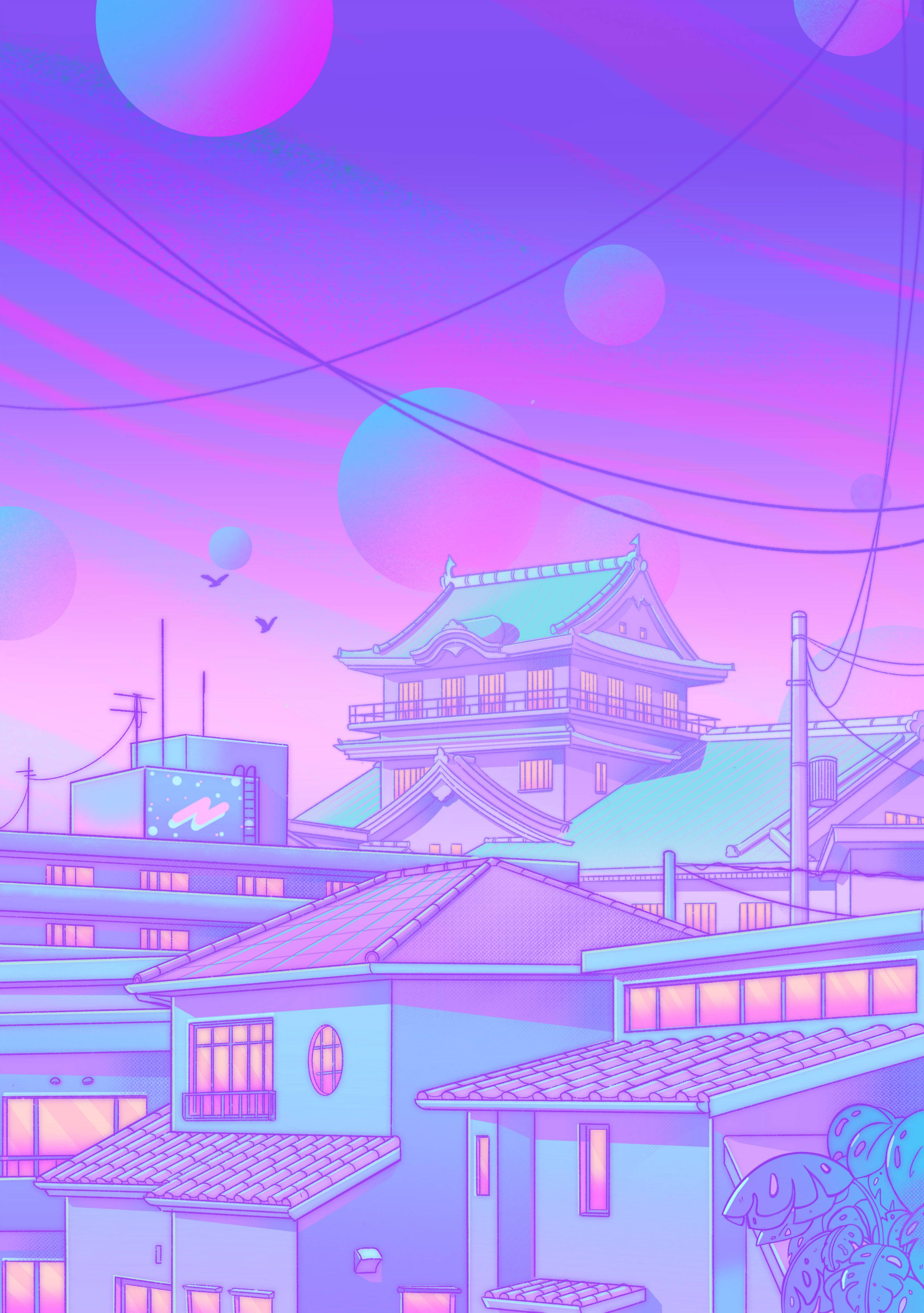 Pastel Japon Estetiğinde Mahalle Küreleri Duvar Kağıdı