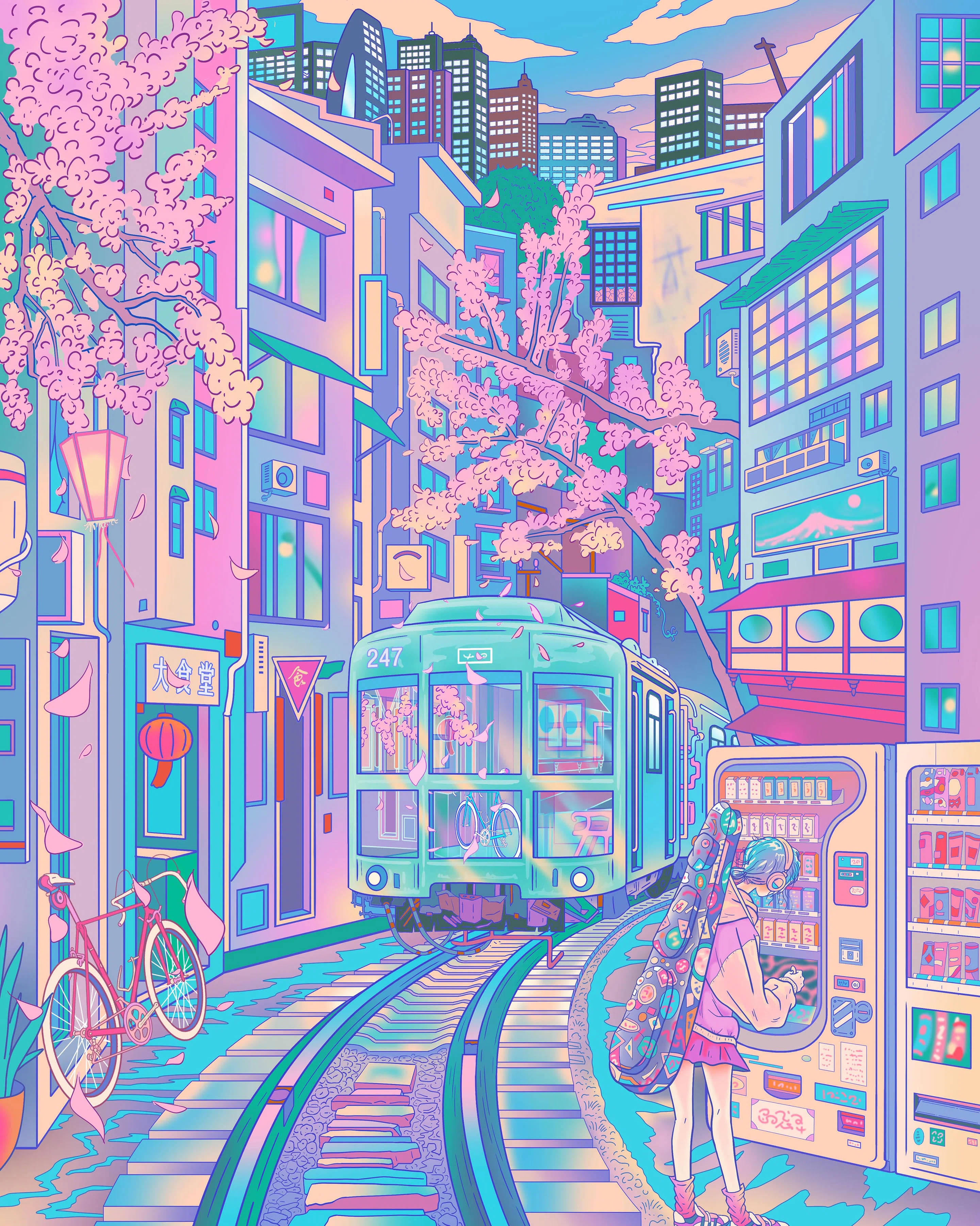 Pastel Japon Estetiğinde Bir Şehre Giren Tren Duvar Kağıdı