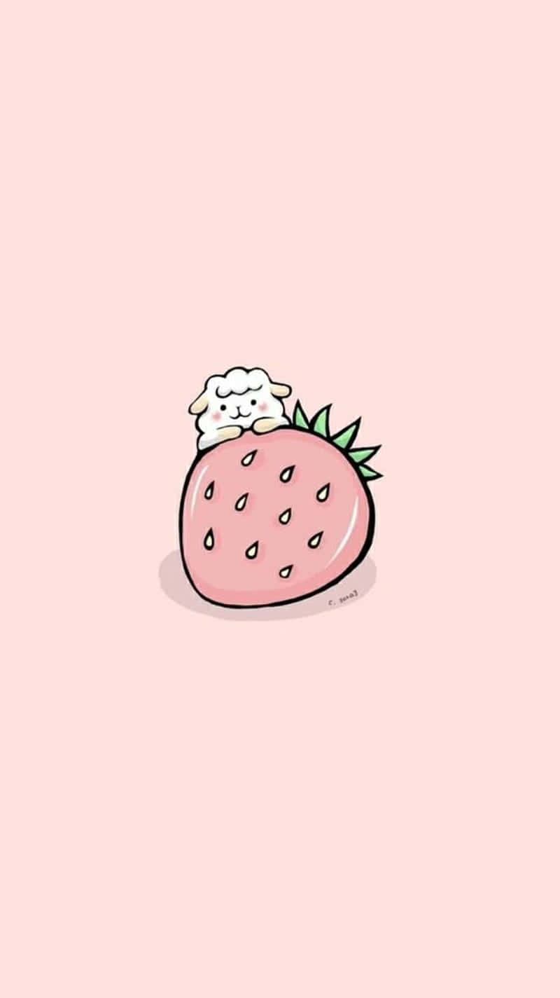 Pastel pembe arkaplanda çilek ve sevimli koyun minimalist duvar kağıdı