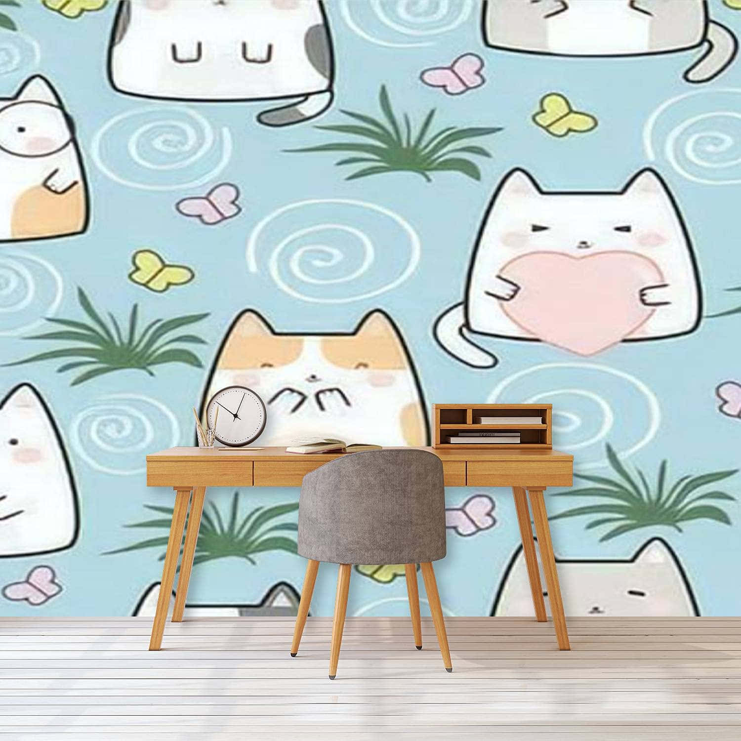Pastel renklerle dolu tatlı bir kedi deseni her oda için mükemmel. Duvar Kağıdı