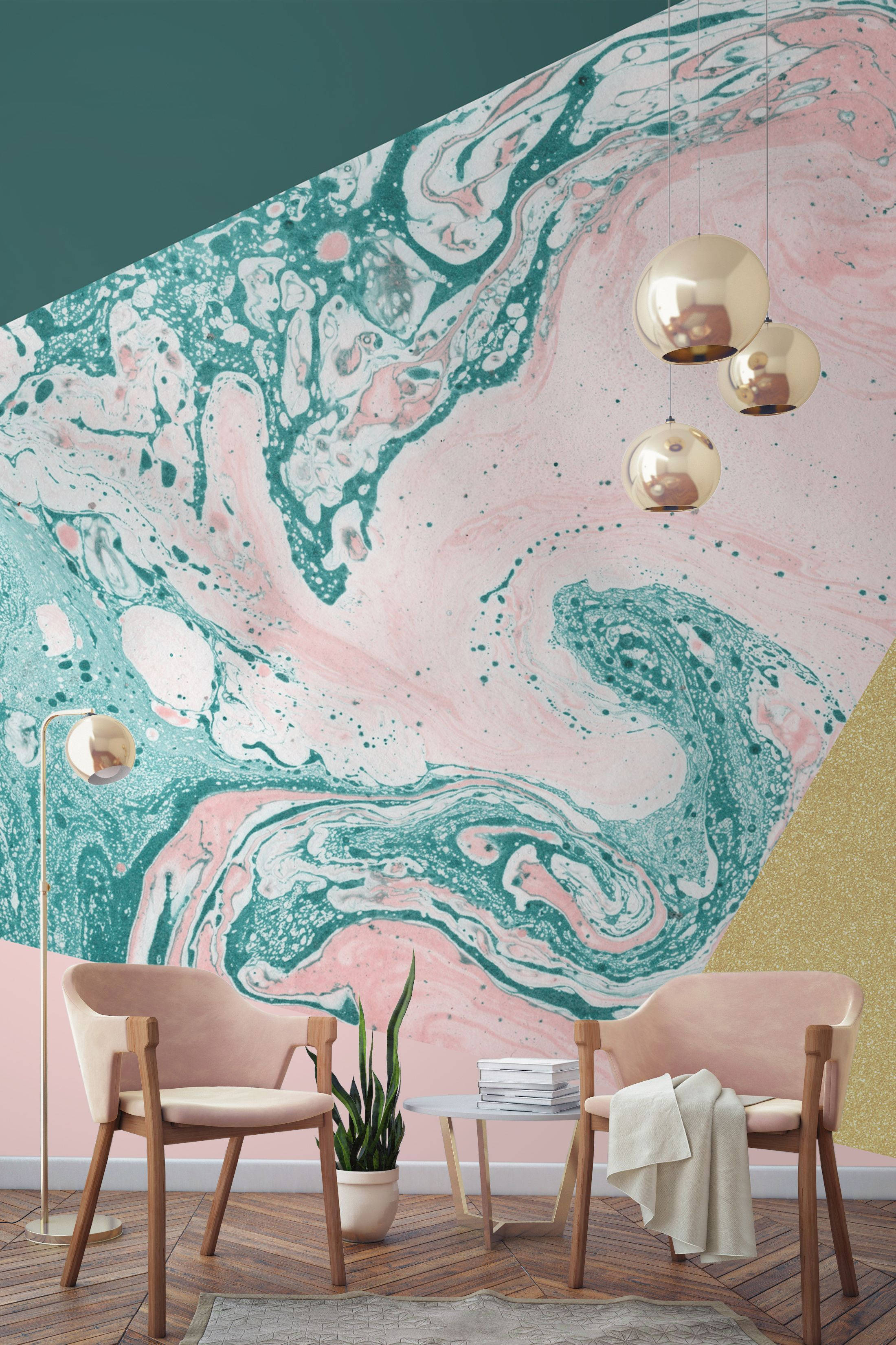 Pastel Yeşil ve Pembe Mermer Duvar Duvar Kağıdı