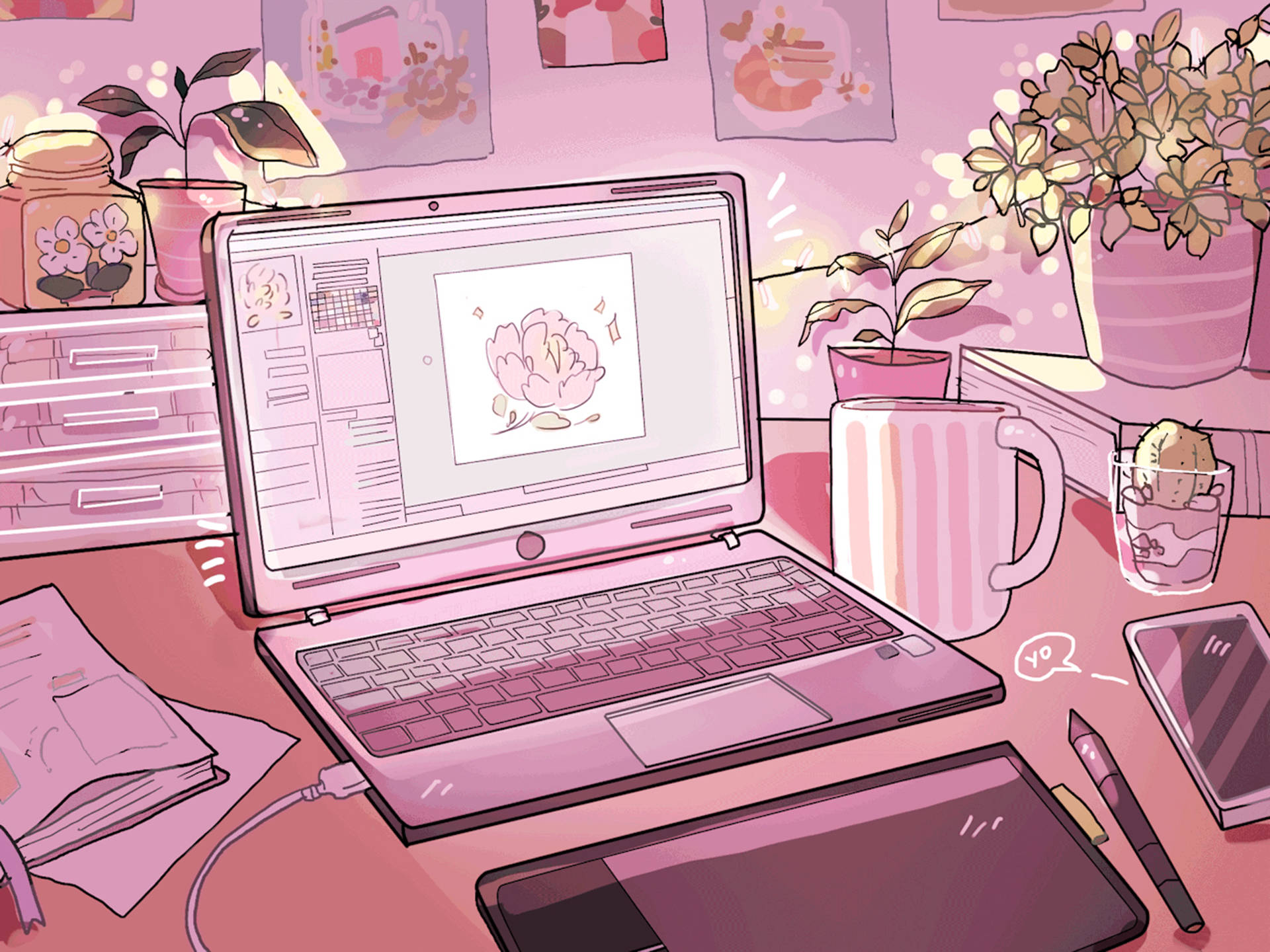 Pembe Anime Estetiği Dizüstü Bilgisayar Duvar Kağıdı