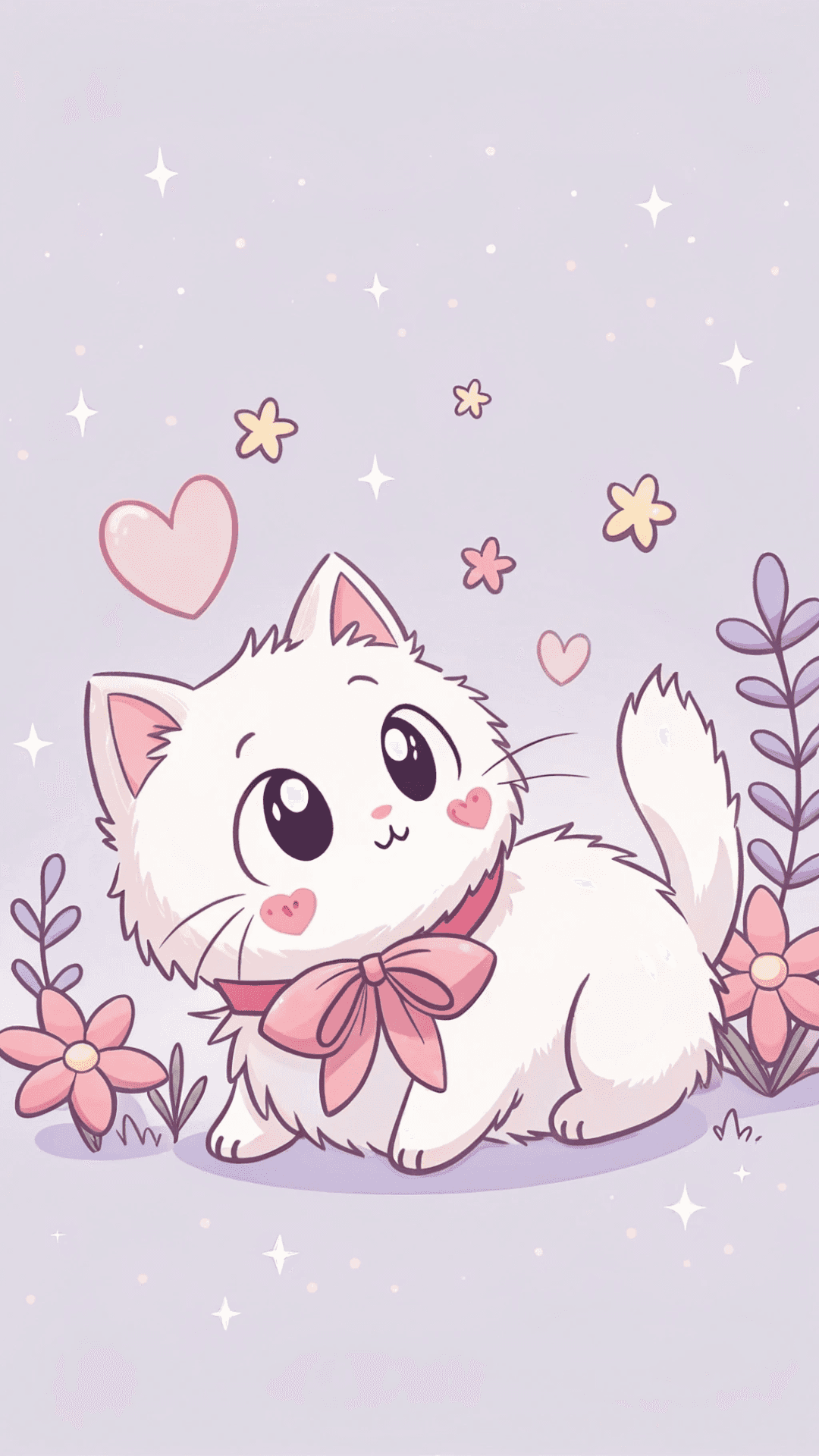 Pembe Fiyonklu Sevimli Chibi Kedi Kawaii Sanat Duvar Kağıdı