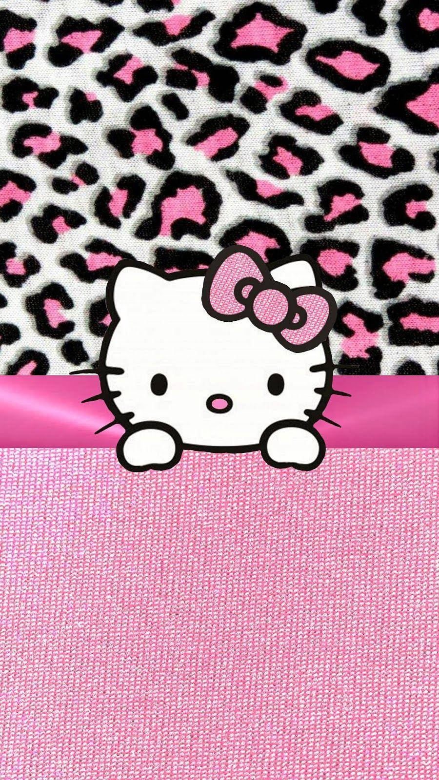 Pembe Hello Kitty Leopar Kumaş Desenli Duvar Kağıdı