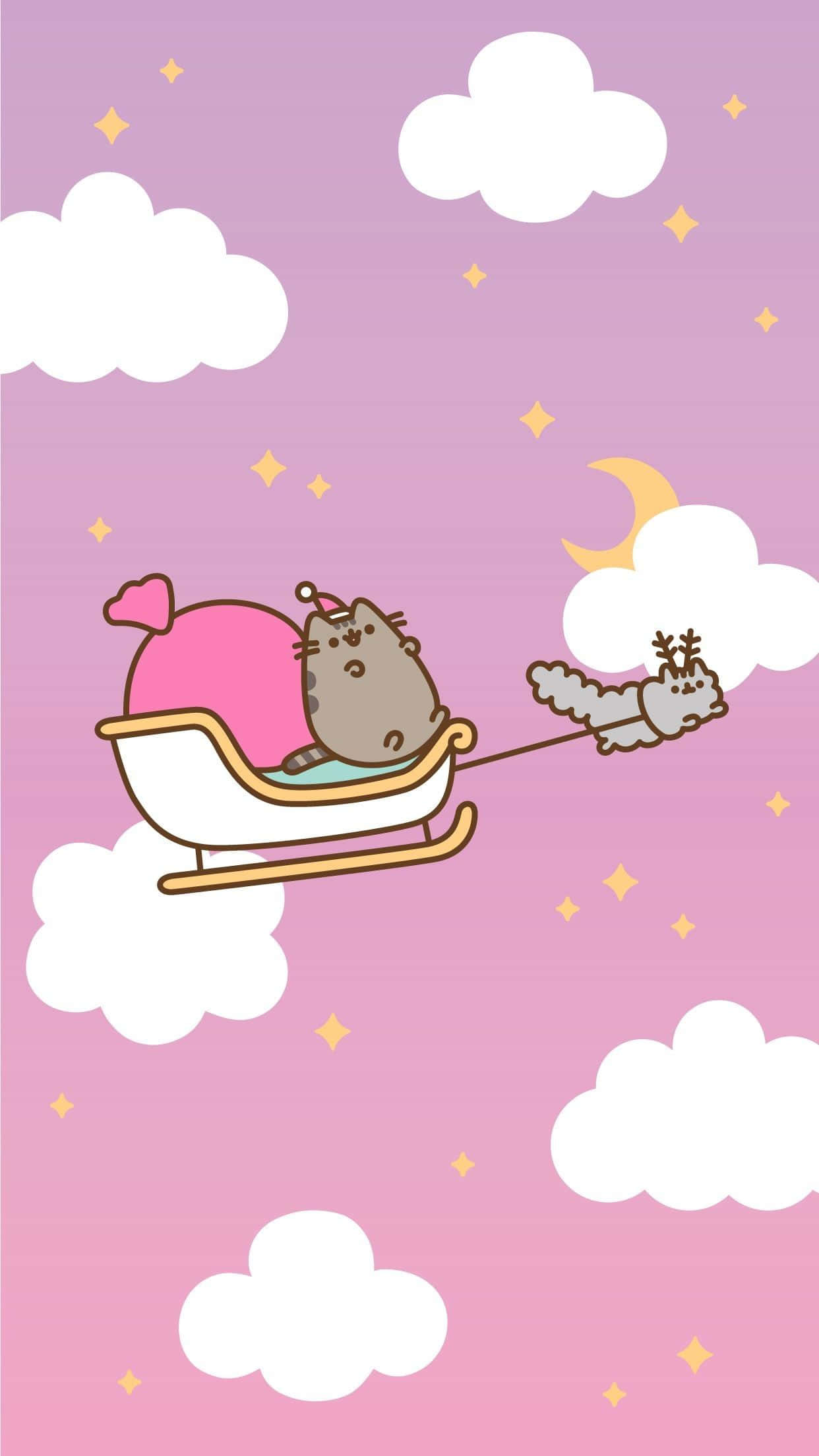 Pembe Noel Pusheen Kedi Kızağı Duvar Kağıdı