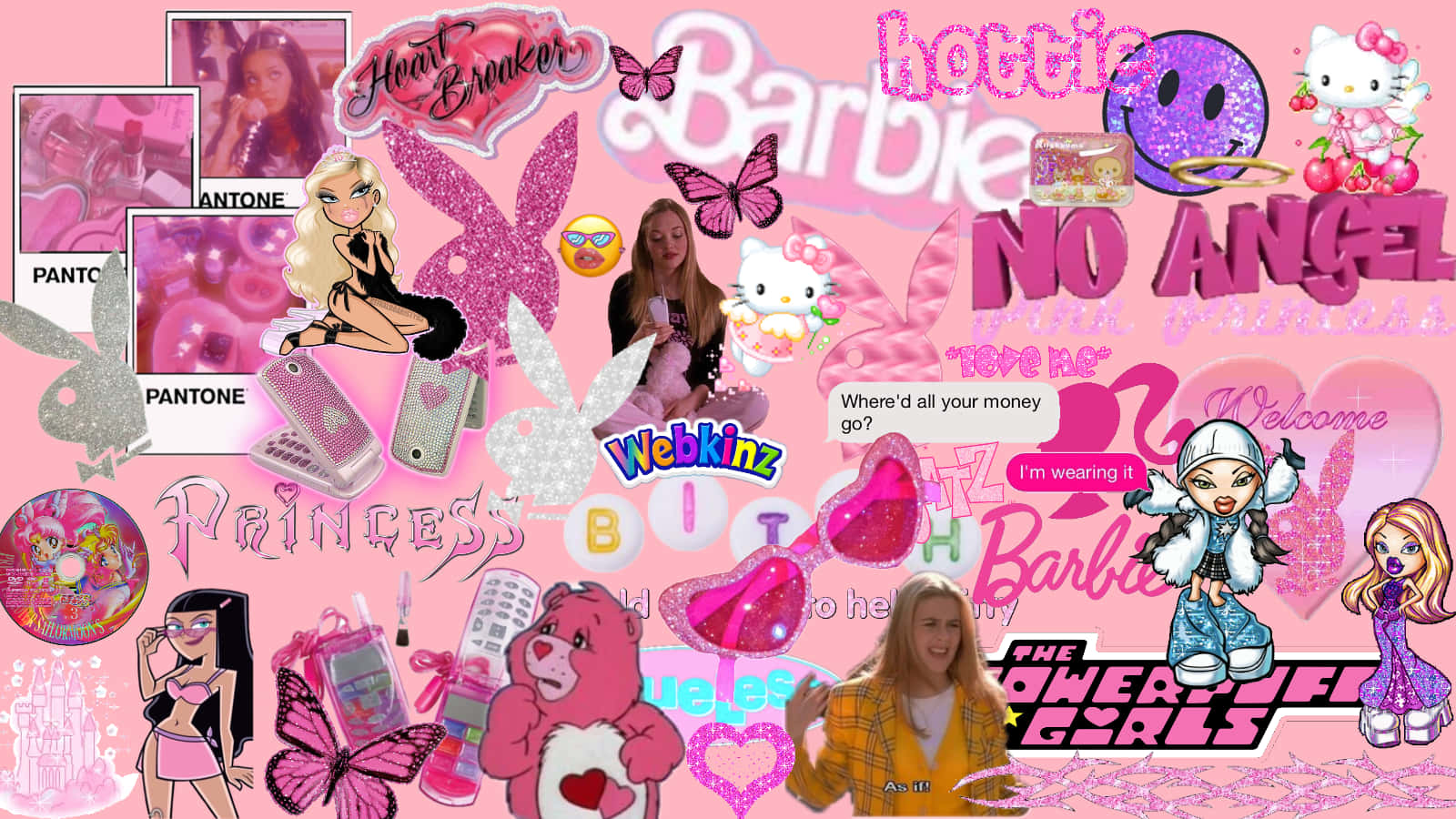 Pembe Siber Y2K Estetiğinde Çizgi Film Karakterleri Duvar Kağıdı