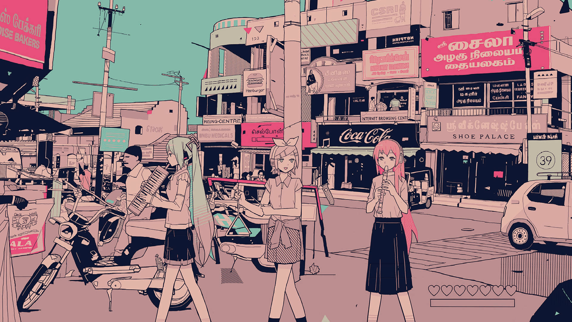Pembe Vintage Estetik Anime Şehri Duvar Kağıdı