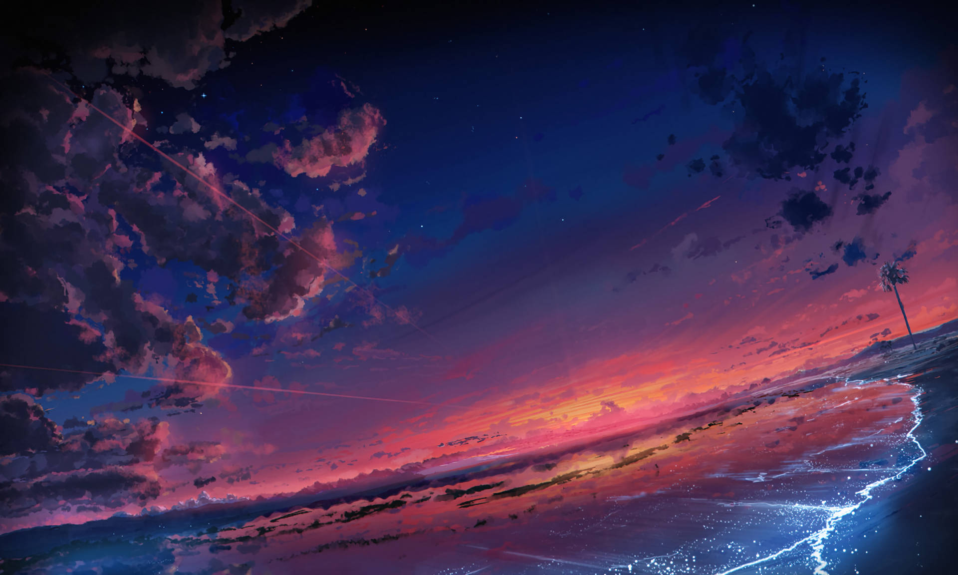 Plaj Anime Estetiği Gün Batımı Dijital Çizim Duvar Kağıdı