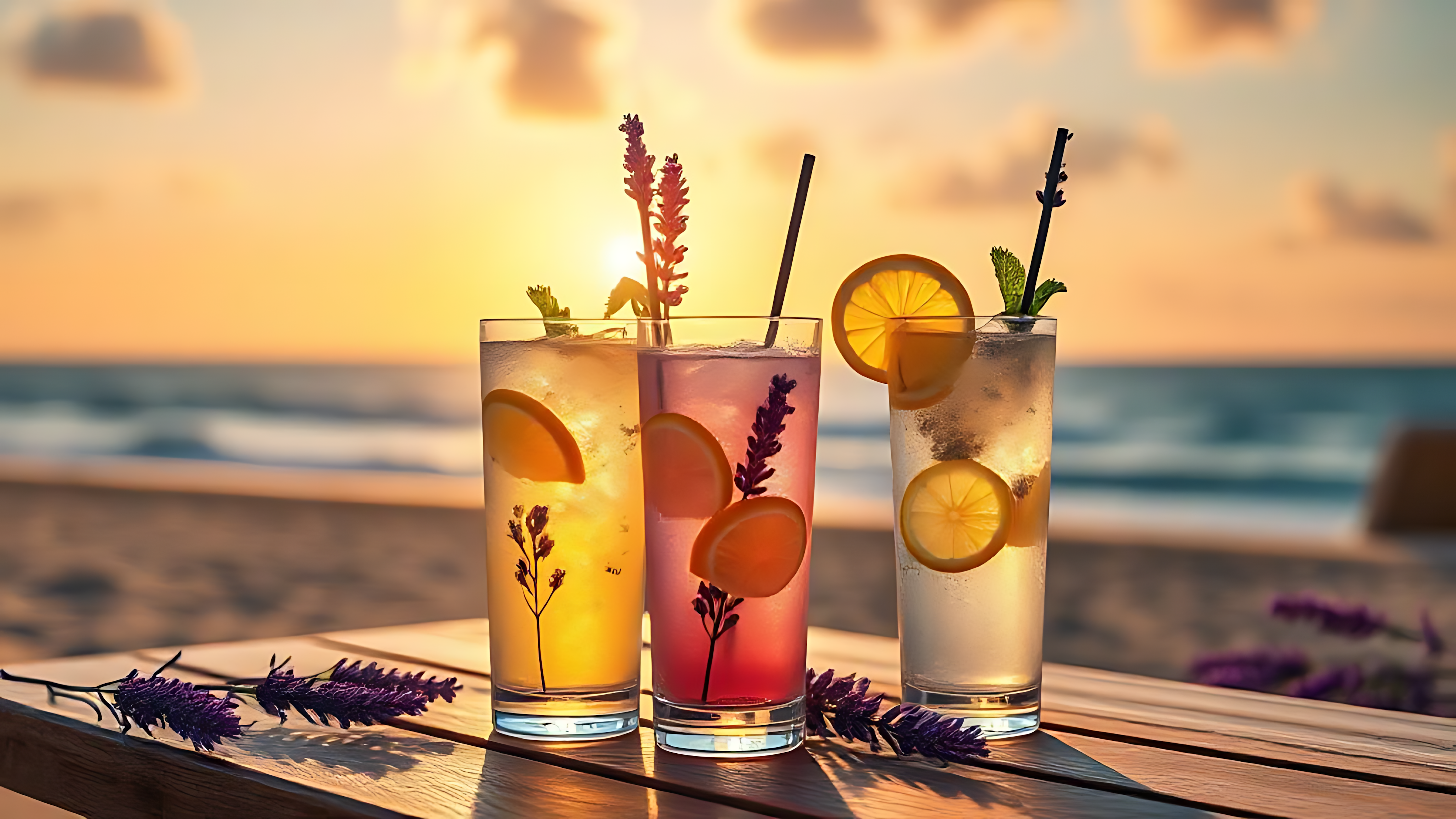 Plajda gün batımında ferahlatıcı limonata Duvar Kağıdı