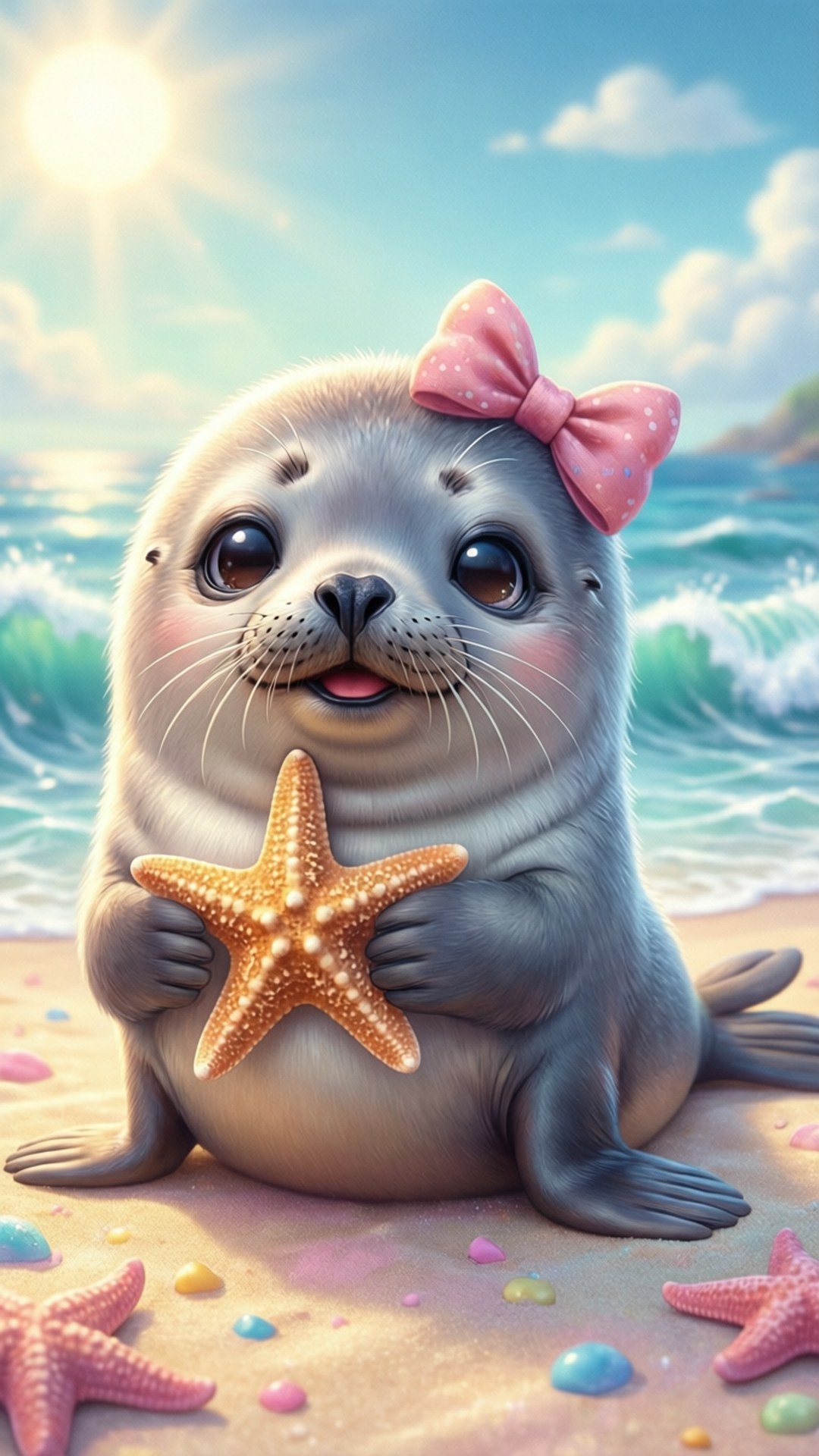 Plajda Kawaii Fok Duvar Kağıdı