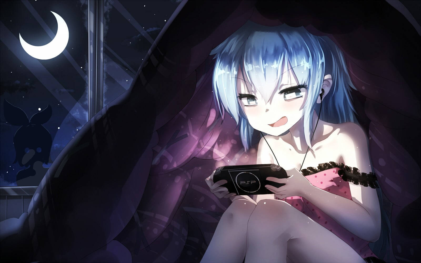 PSP'li Anime Kızı Gece Oyun Oynuyor Duvar Kağıdı