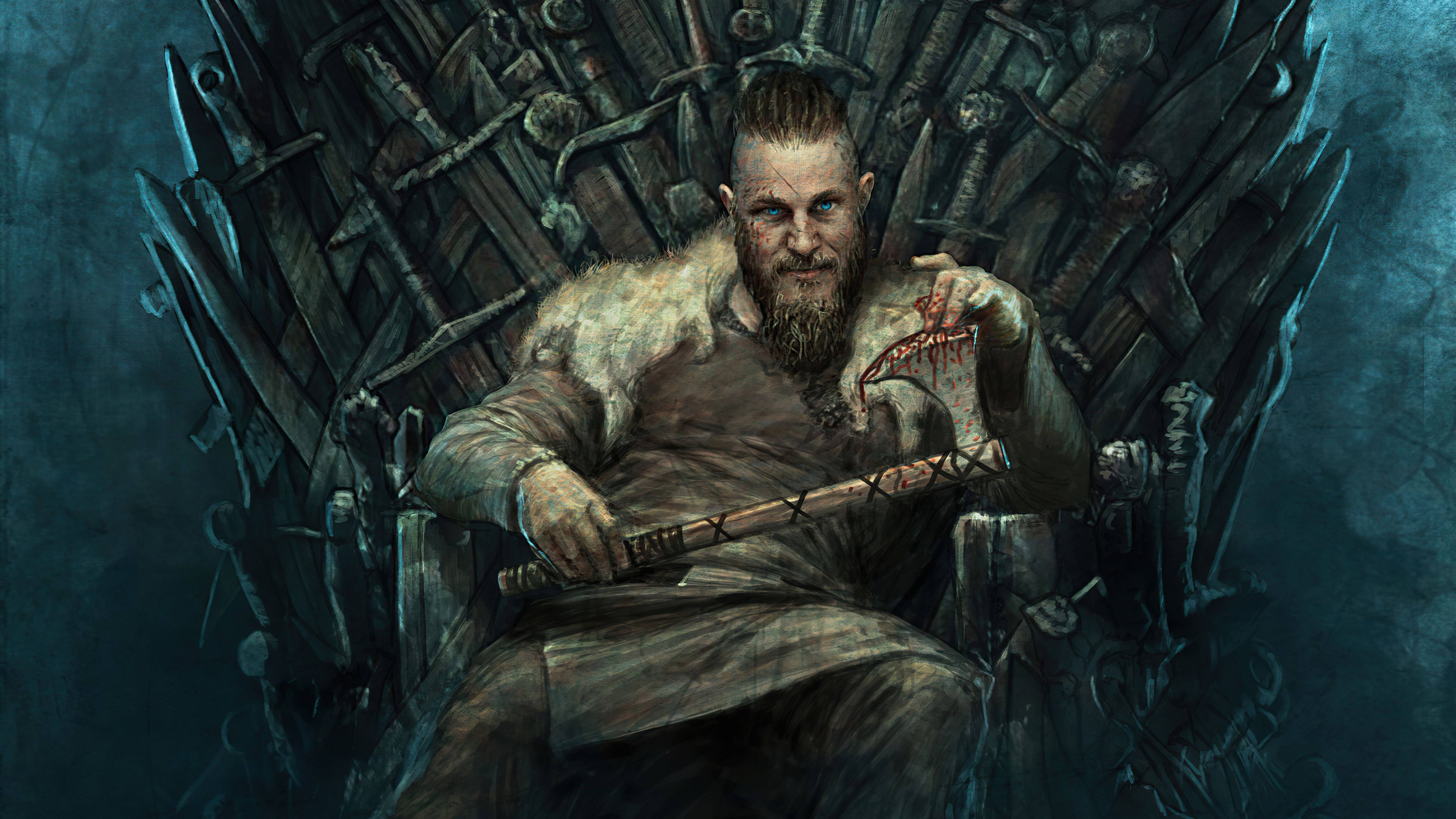 Ragnar Lothbrok 4K Demir Taht'ta Duvar Kağıdı