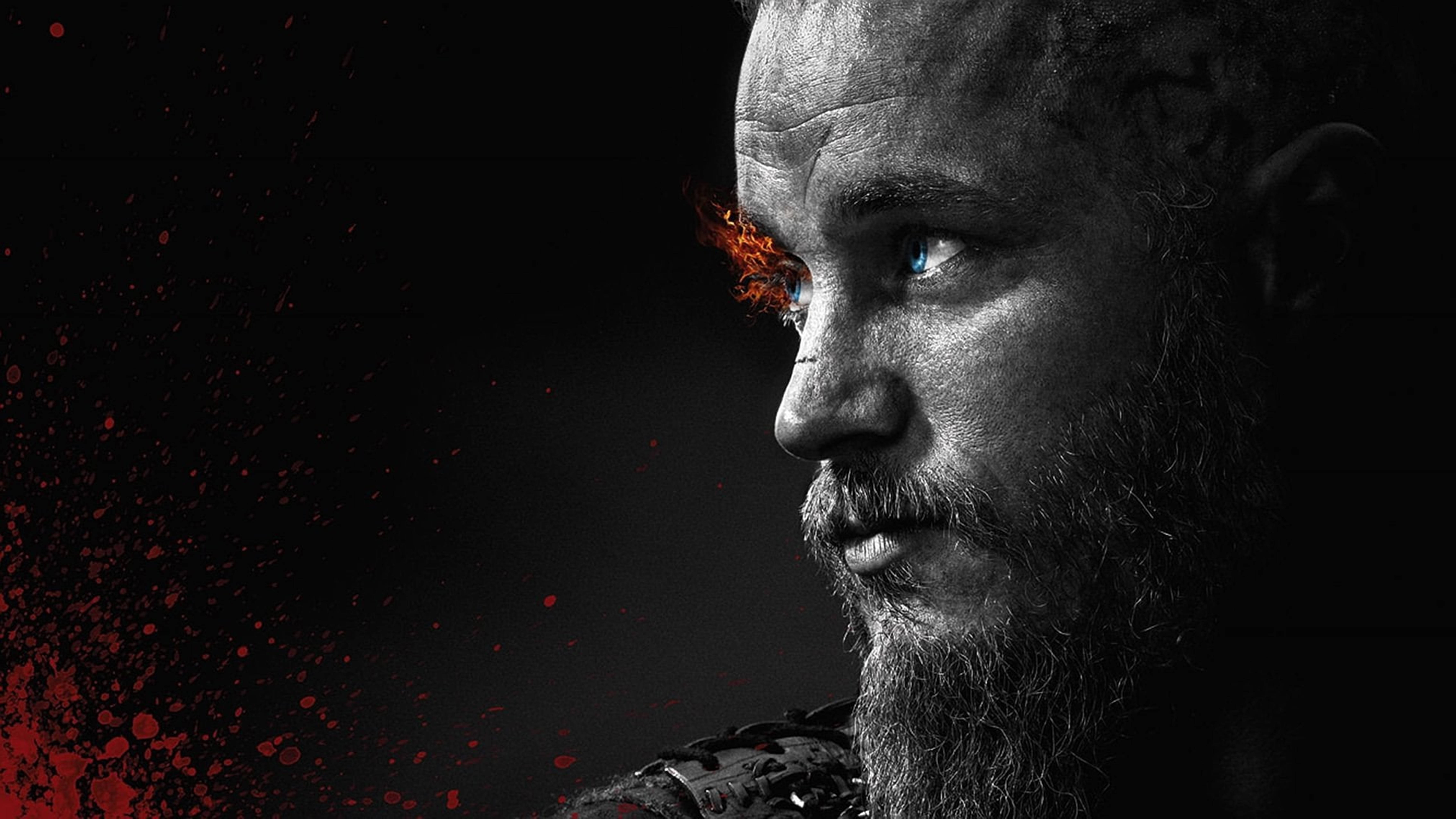 Ragnar Lothbrok 4K Vikingler Ateşli Kirpik Siyah Beyaz Duvar Kağıdı