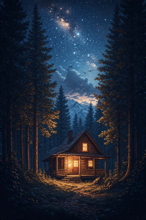 Rahat Gece Orman Kulübesi Yıldızlı Doğa 4K Duvar Kağıdı