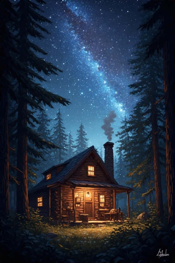 Rahat Gece Orman Kulübesi Yıldızlı Doğa 4K Duvar Kağıdı