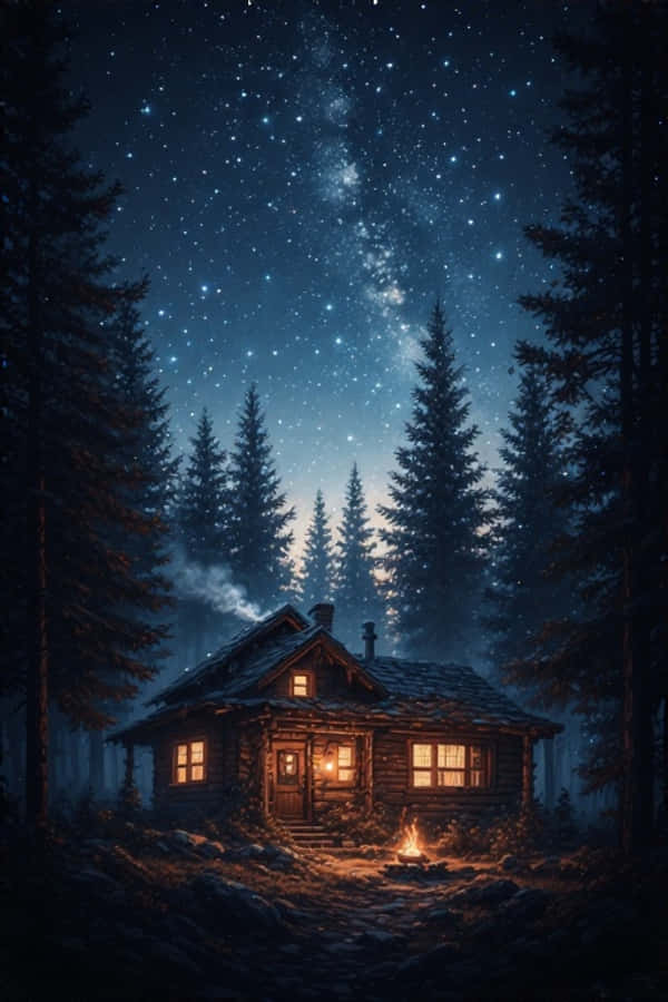 Rahat Gece Orman Kulübesi Yıldızlı Doğa 4K Duvar Kağıdı
