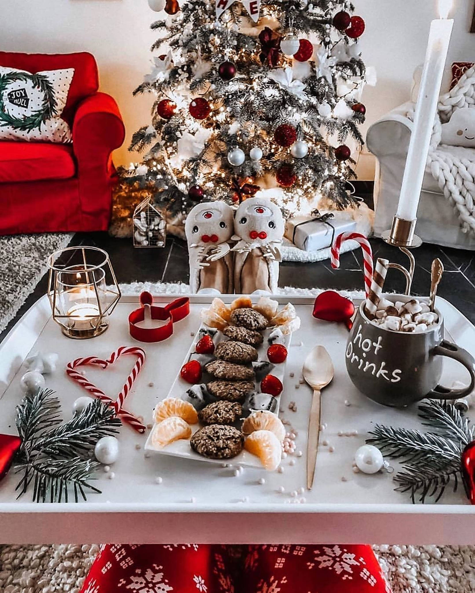 Rahatlatici Noel Estetiği Yatakta Kahvaltı Duvar Kağıdı
