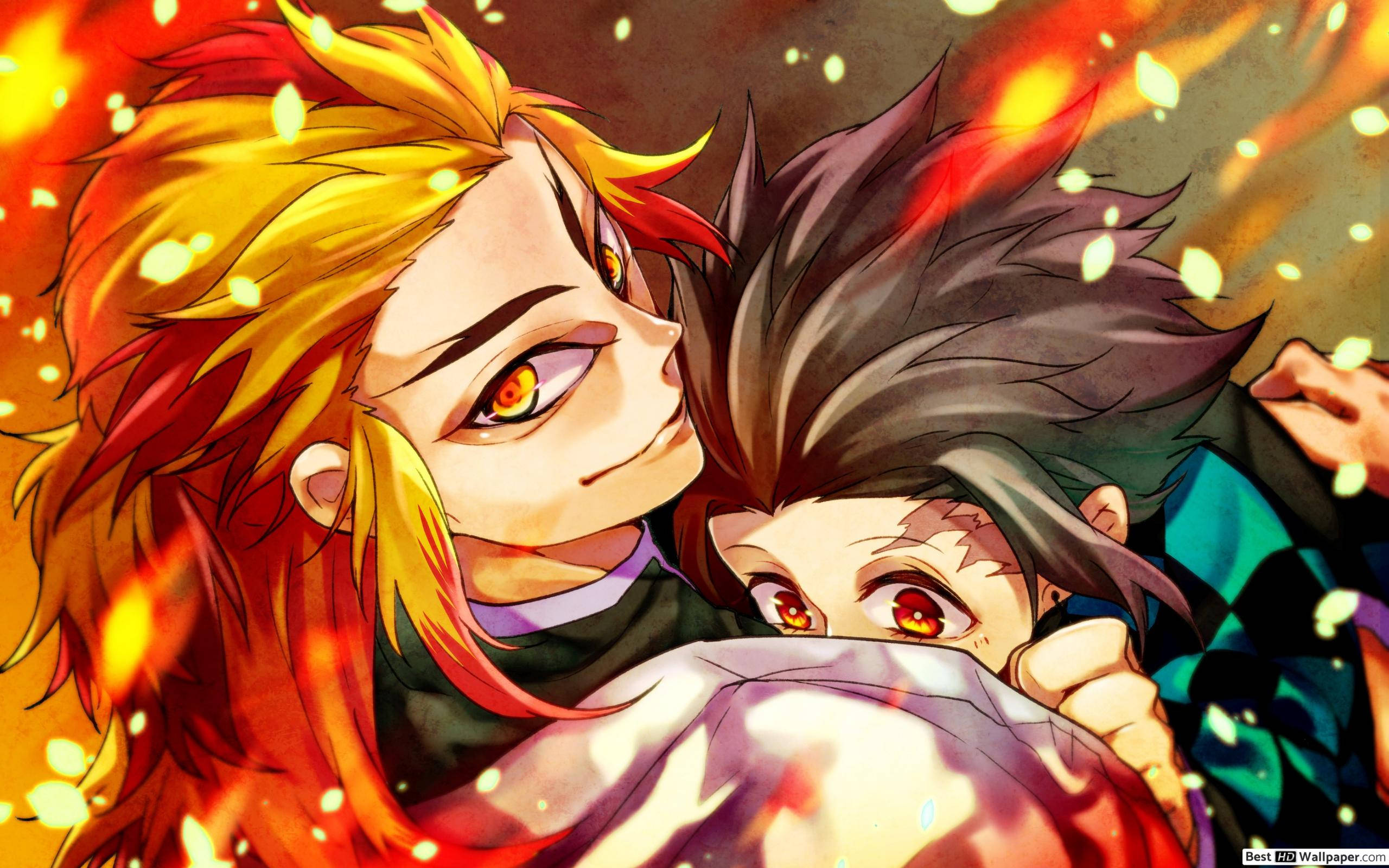 Rengoku ve Tanjiro - Kötülüğe Karşı Savaşan Demon Slayer Karakterleri Duvar Kağıdı