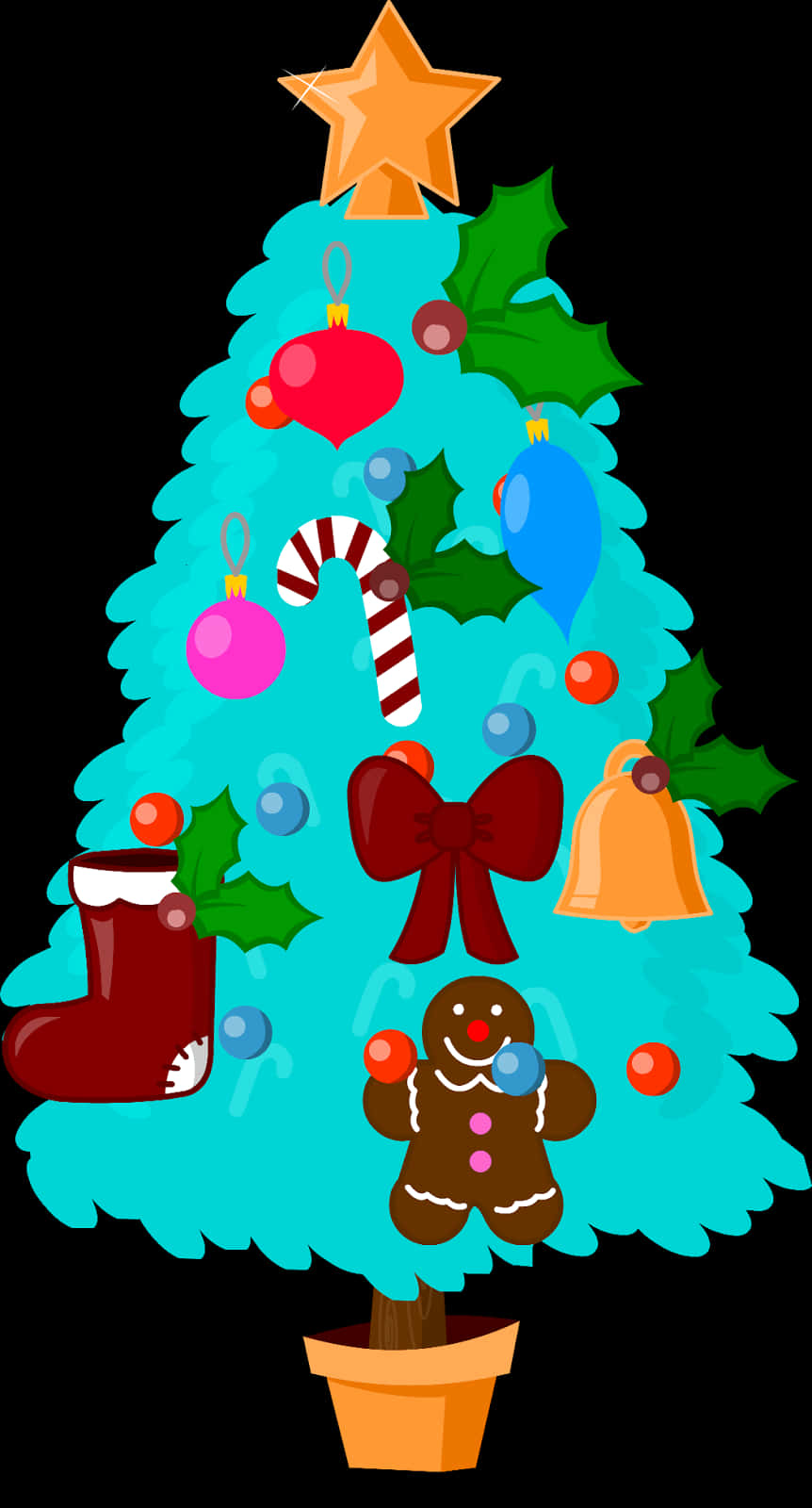 Renkli Noel Ağacı Karikatür İllüstrasyonu Duvar Kağıdı