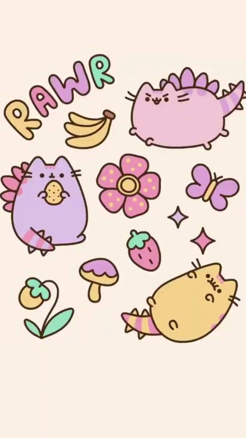 Renkli Pusheen Dino Kawaii iPhone Duvar Kağıdı