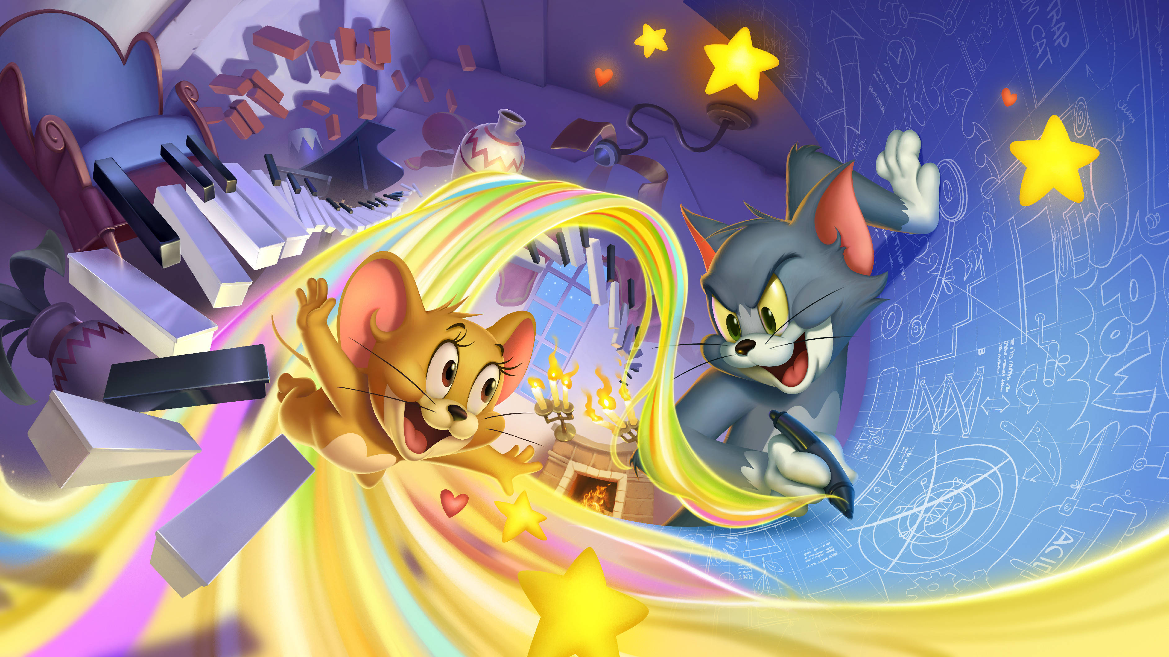 Renkli ve 3D Tom ve Jerry Estetiği Duvar Kağıdı