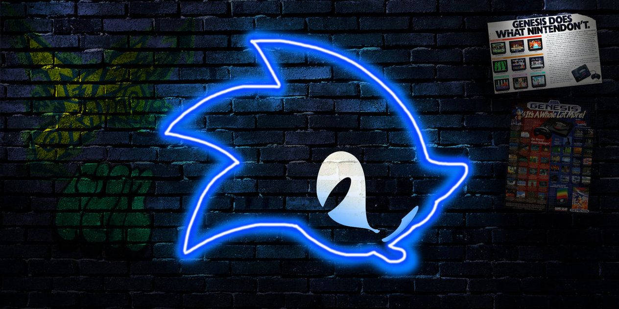 Tahrip edilmiş tuğla duvarda neon ışıklı Sonic ikonunun mavi duvar kağıdı