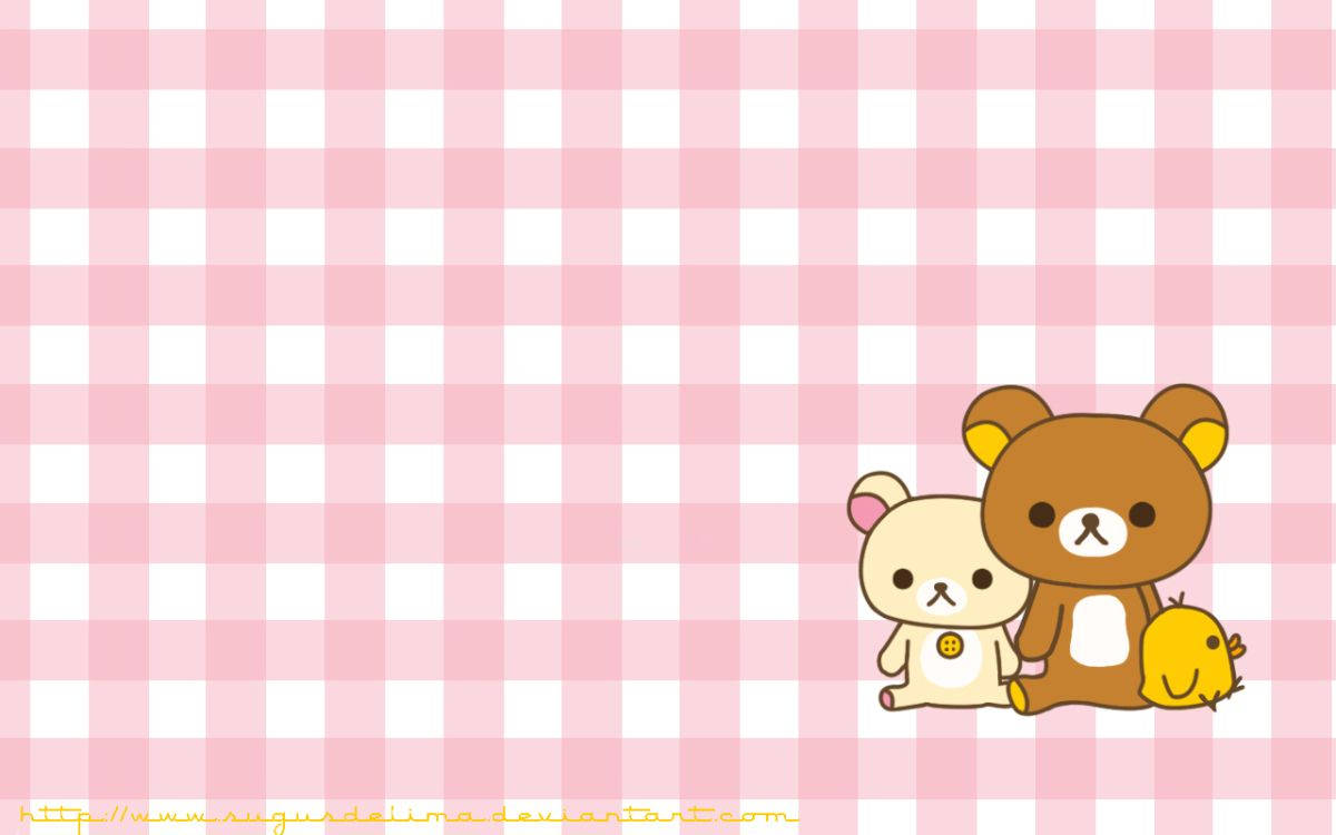 Rilakkuma ve Arkadaşlarıyla Sevimli Pembe Kareli Arka Plan Duvar Kağıdı