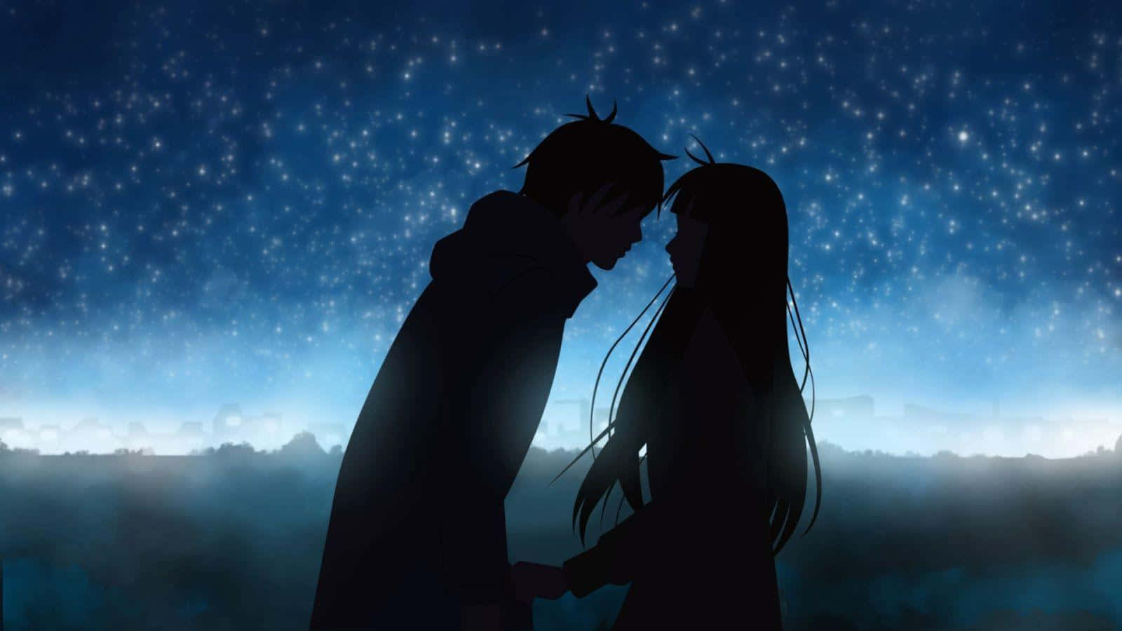 Romantik Anime Çift Silüeti Mavi Gece Gökyüzü Duvar Kağıdı