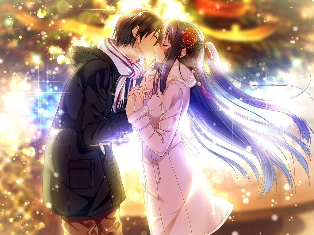 Romantik Anime Öpüşürken El Ele Tutuşma Duvar Kağıdı