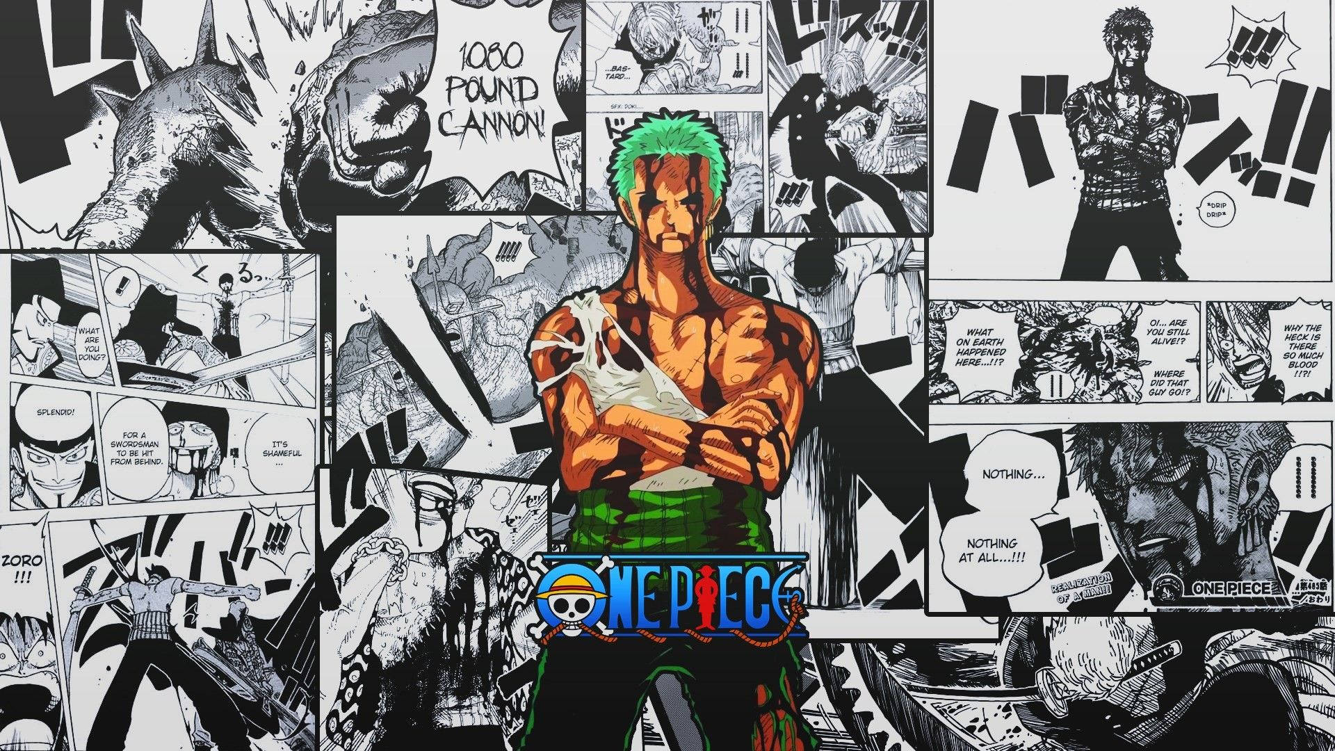 Kanlı Zoro, kendisinin siyah beyaz manga sayfaları arasında, One Piece duvar kağıdı.