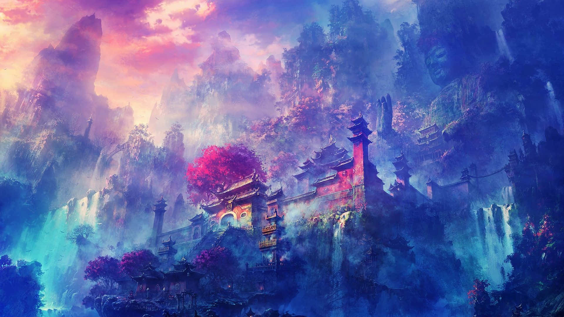 Sakinleştirici, huzur veren bir anime manzarası, uçsuz bucaksız bir gökyüzüyle çevrili. Duvar Kağıdı