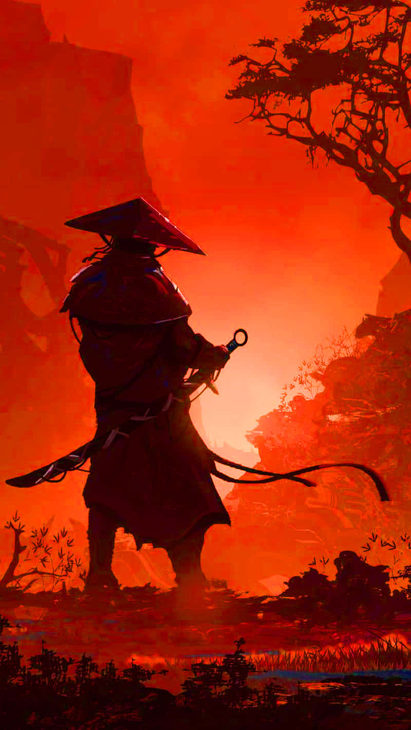 Samuray Anime Ronin Savaşçısı Kırmızı Dağ Duvar Kağıdı