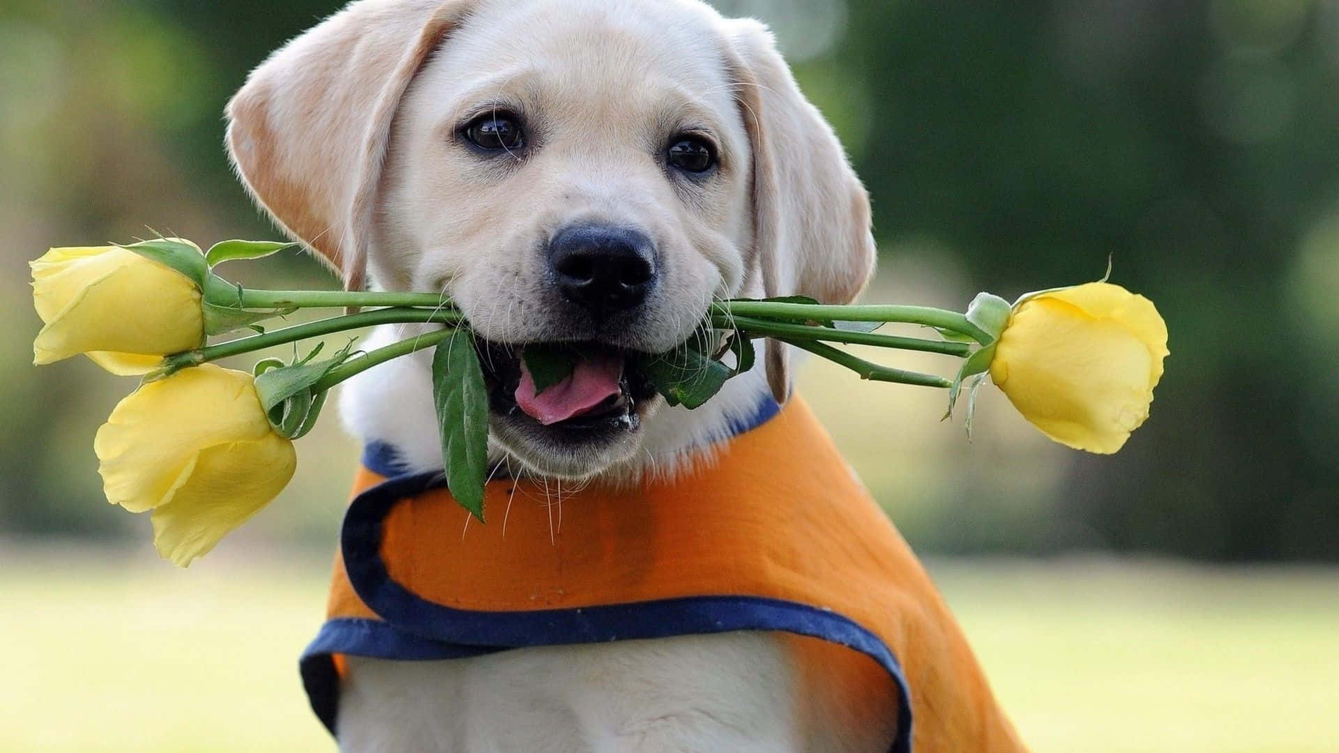 Sarı Güllerle Labrador Yavrusu Fotoğrafı Duvar Kağıdı