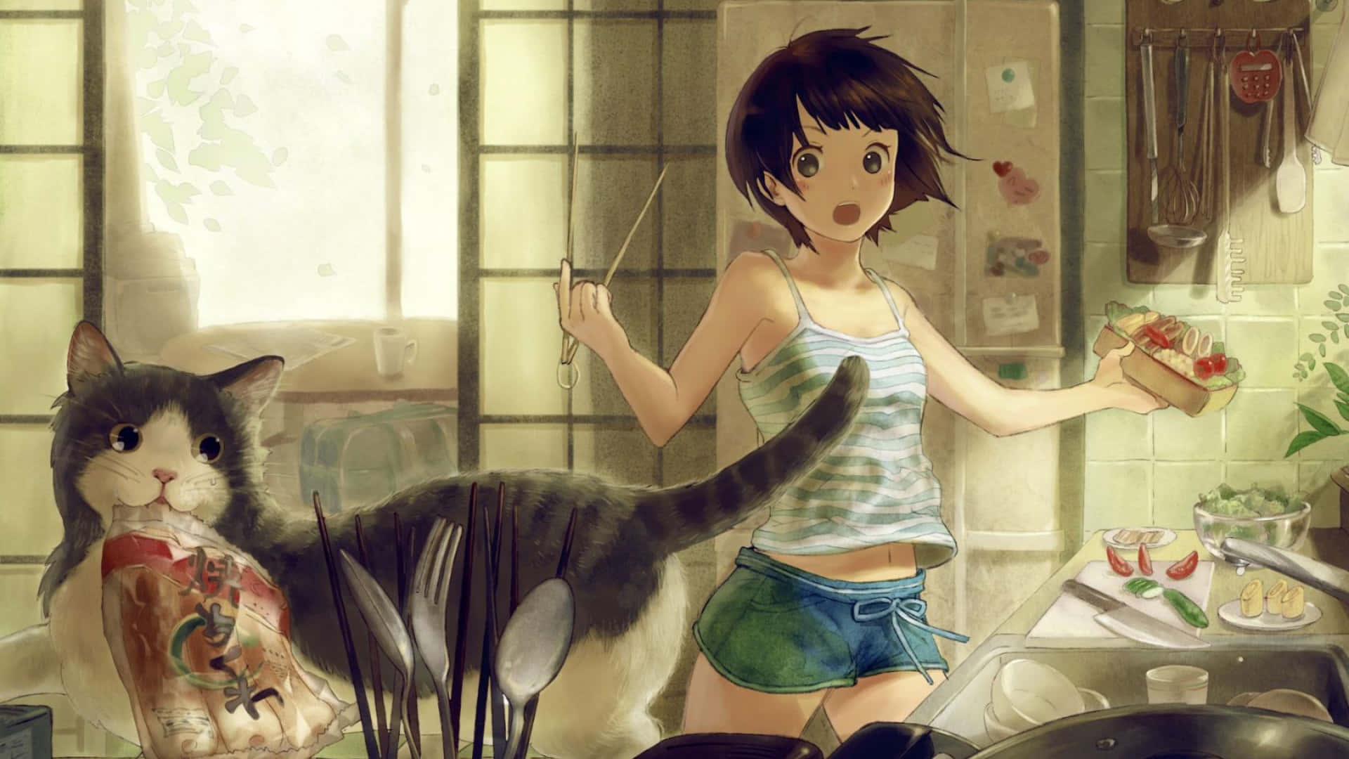 Şaşırmış Anime Kızı 1920x1080 Mutfak Arka Planı Duvar Kağıdı