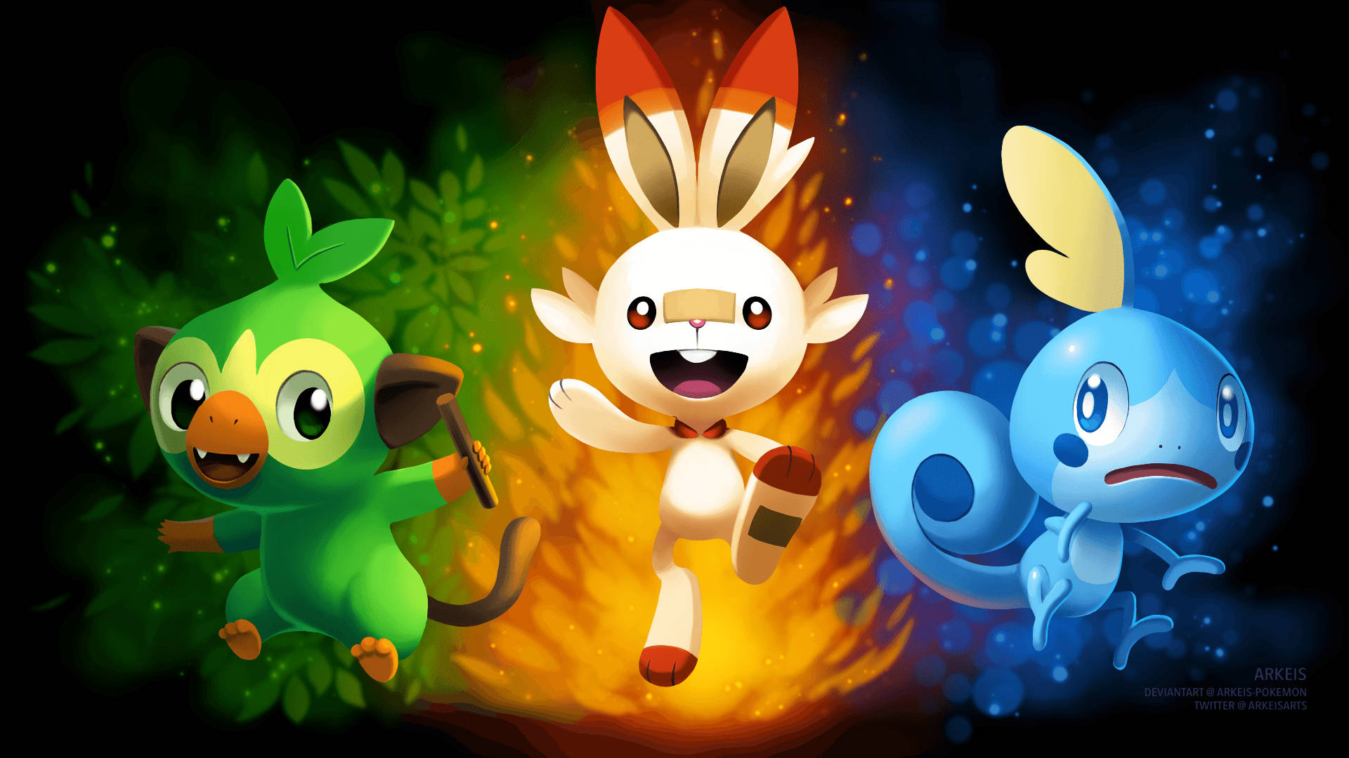 Scorbunny ve Diğer Başlangıç Pokémonları İllüstrasyonu Duvar Kağıdı