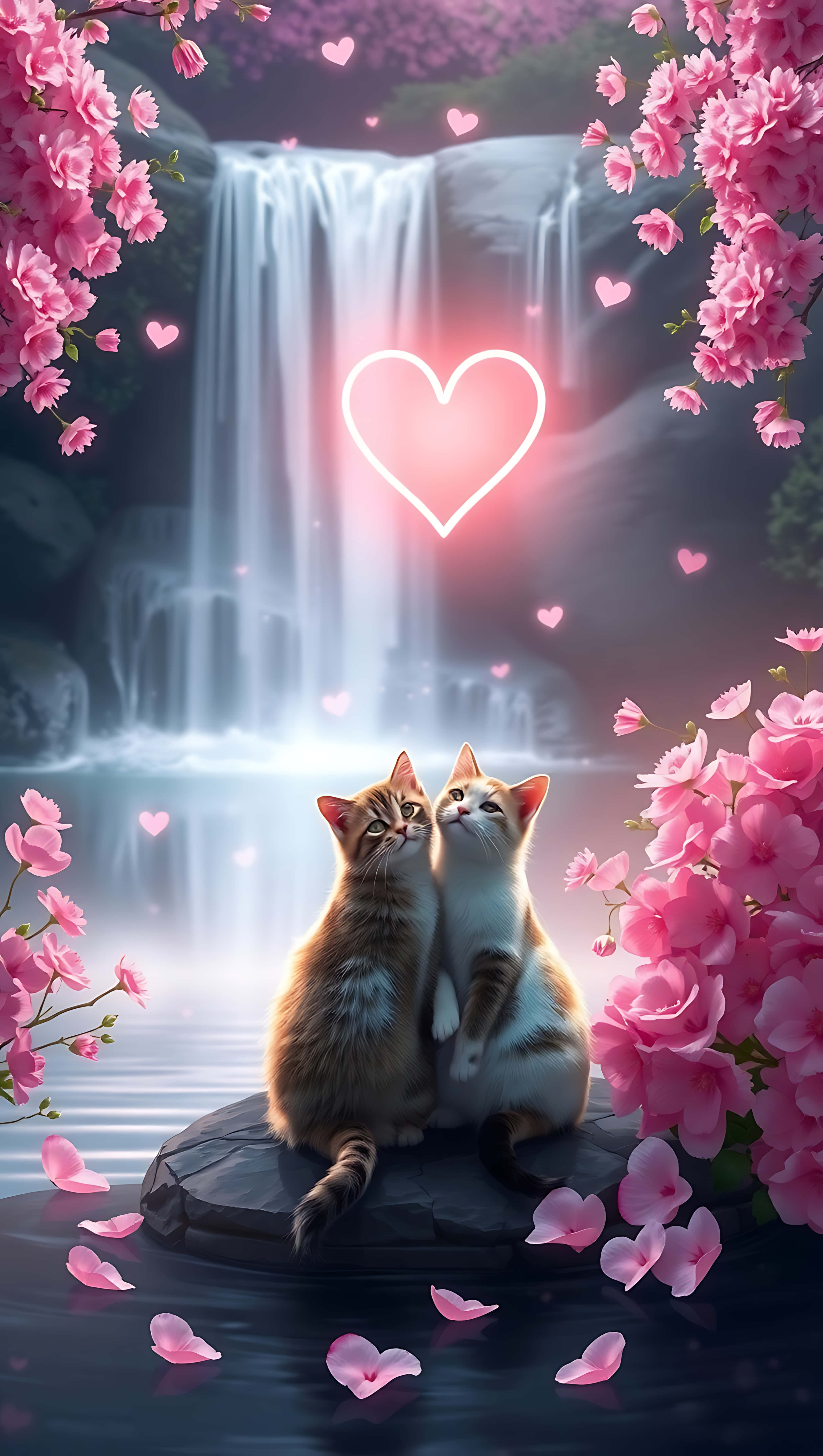 Şelale Kenarında Romantik Kediler, akıllı telefon duvar kağıdı
