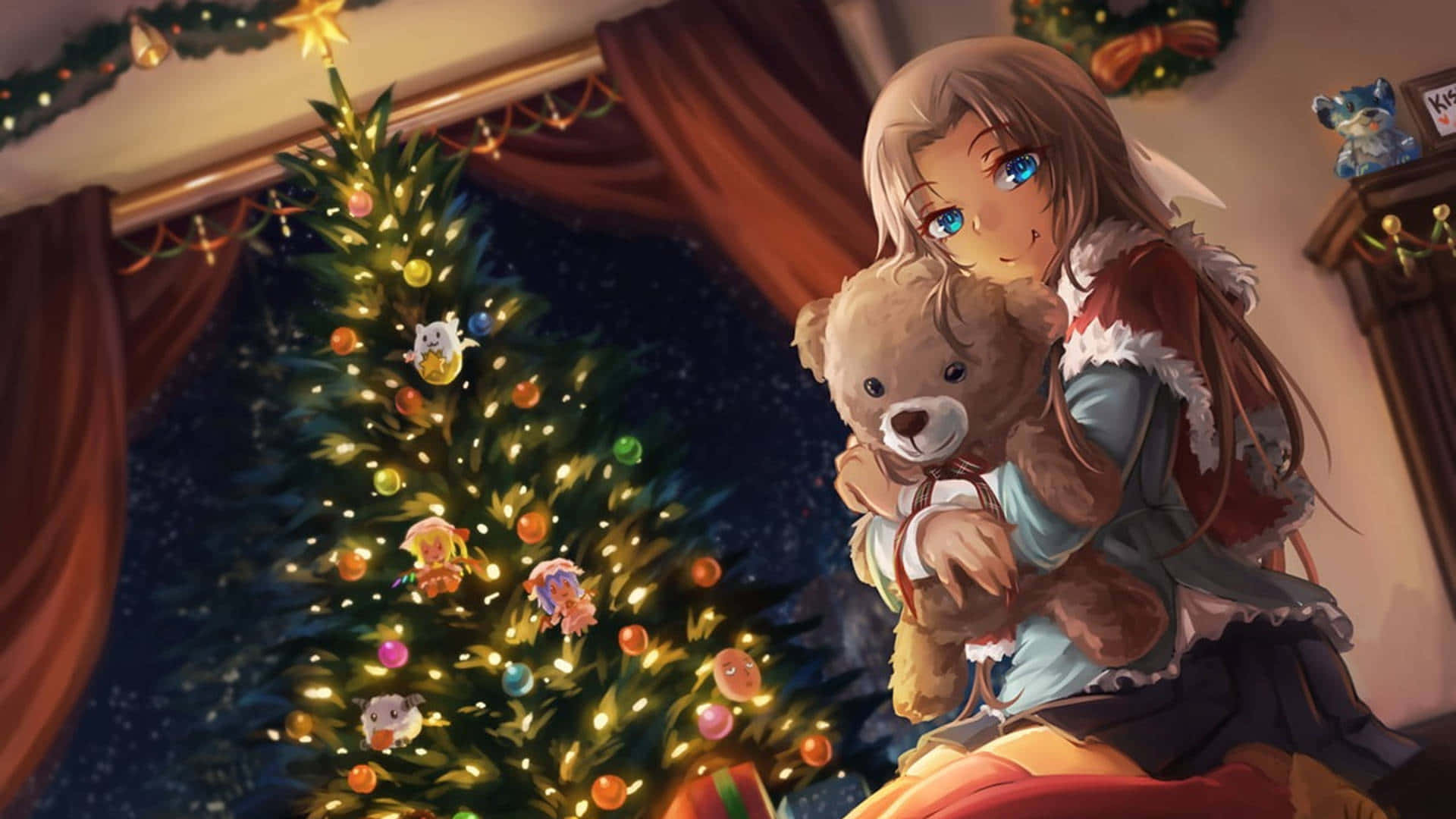 Şenlikli bir Anime Noel arka planı: Karla kaplı ağaç ve tatili kutlayan sevimli karakterler. Duvar Kağıdı