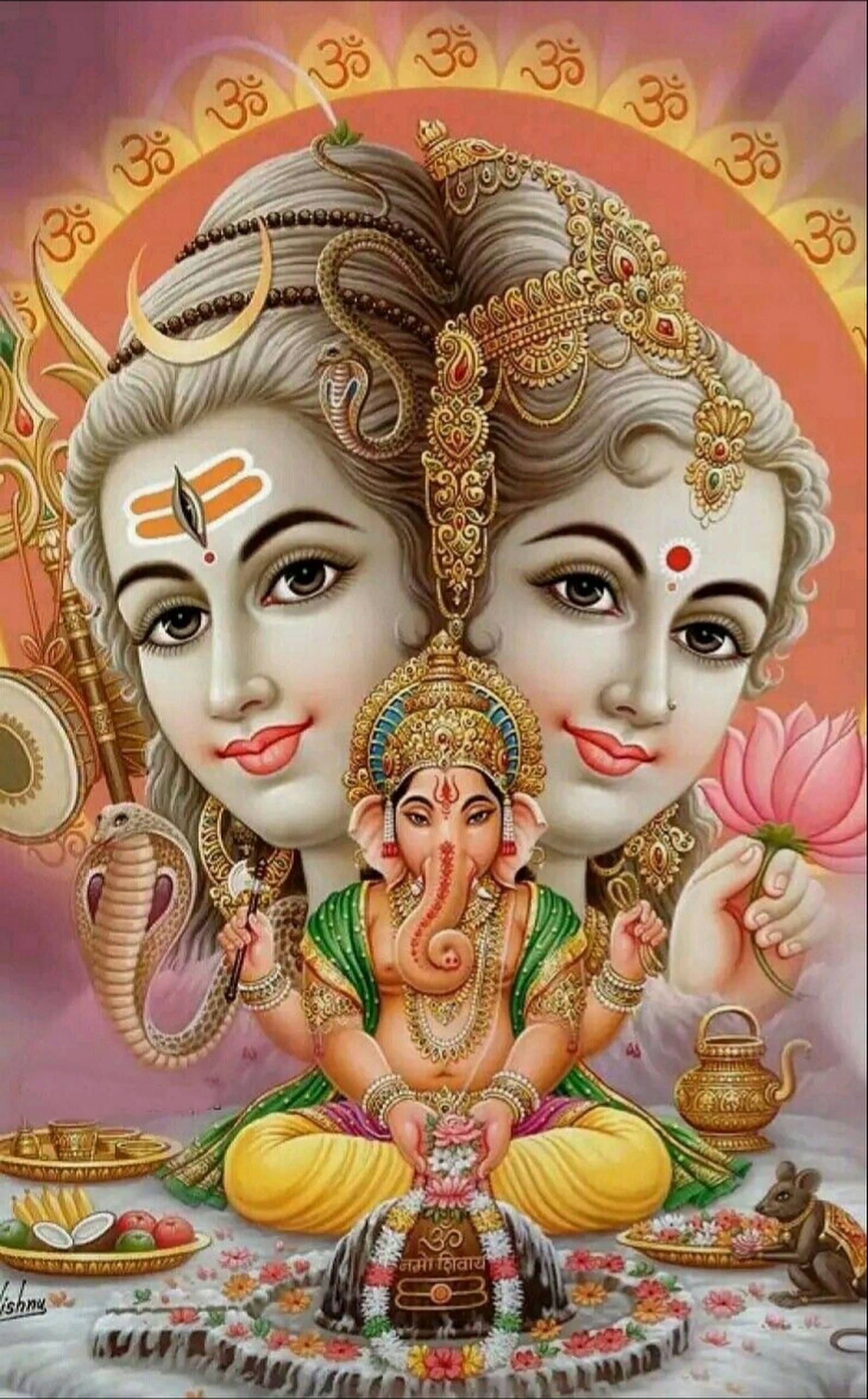 Şenlikli Shiva Parvati Birleşik Baş ve Ganesha Duvar Kağıdı