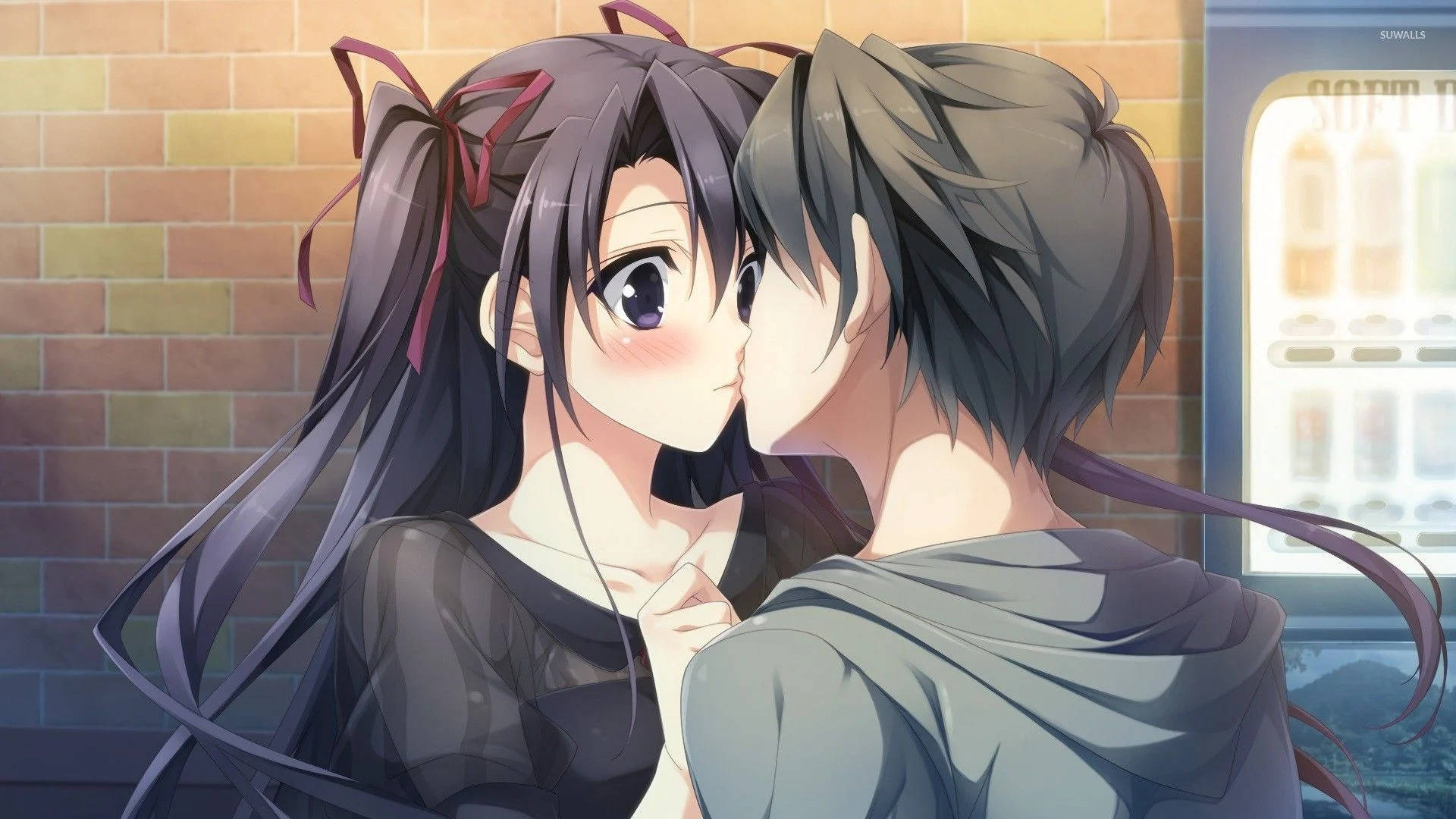 Sevimli Anime Çifti Tuğla Duvarın Önünde Öpüşüyor Duvar Kağıdı