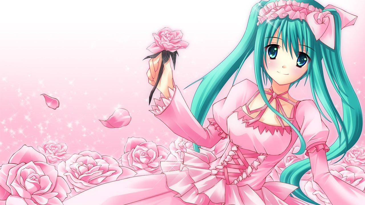 Sevimli Anime Hatsune Miku Pembe Elbiseli ve Güllerle Duvar Kağıdı