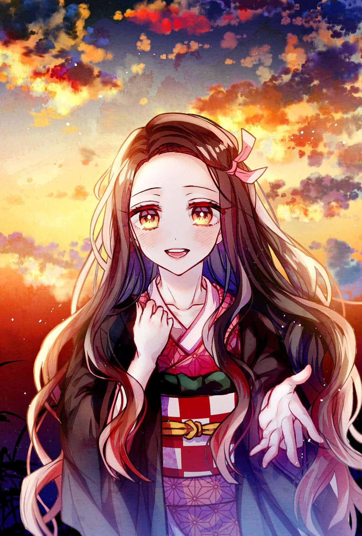 Sevimli Anime Karakteri Nezuko Kamado Gün Batımı Gökyüzüyle Duvar Kağıdı