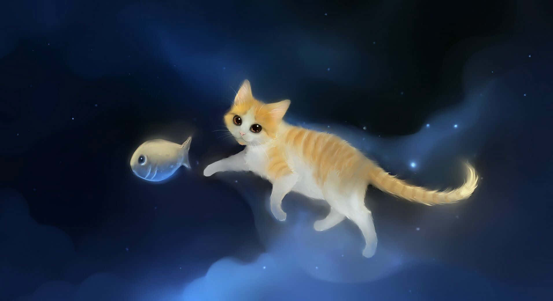 Sevimli anime kedi kelebekle oynuyor Duvar Kağıdı