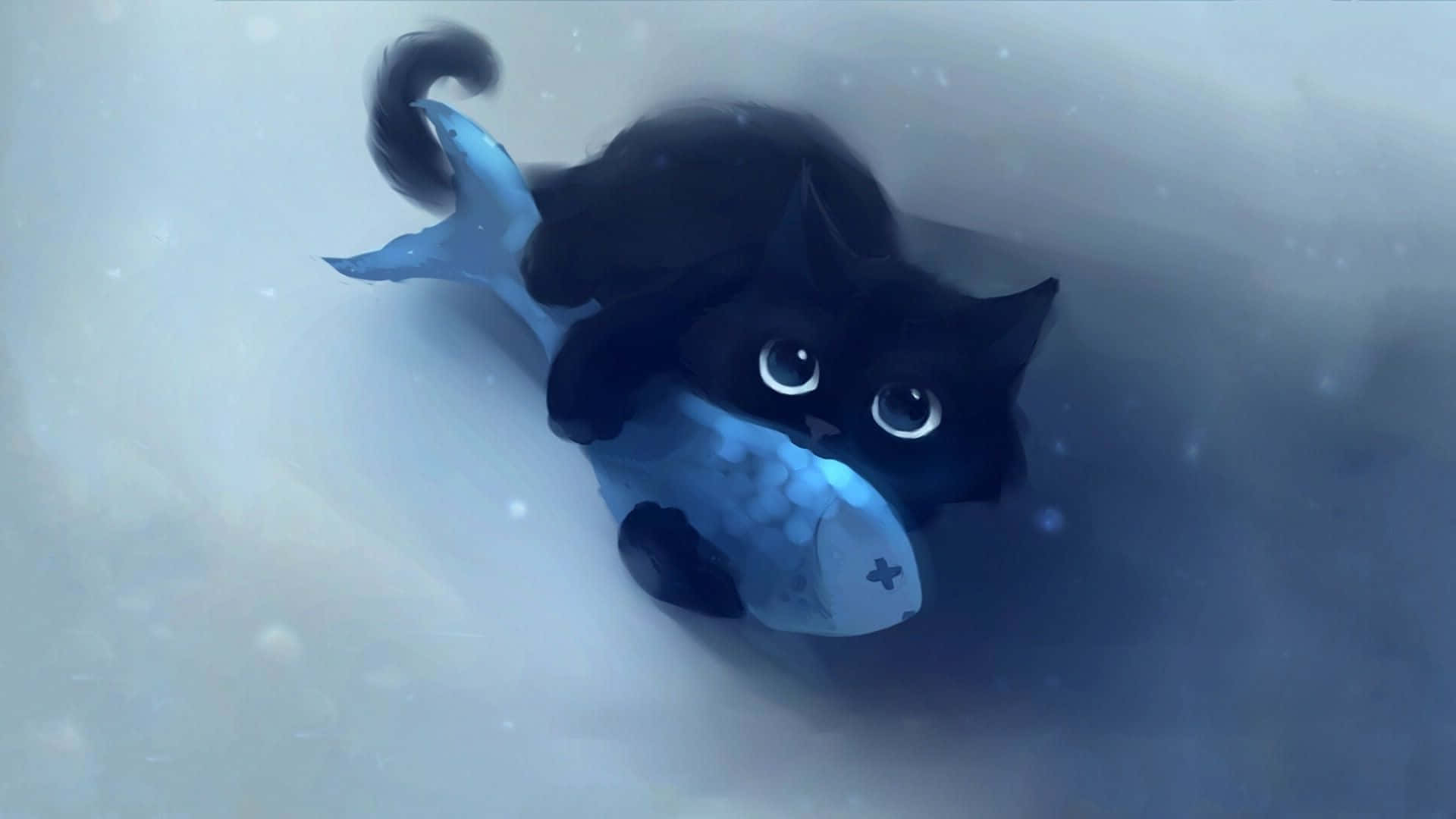 Sevimli Anime Kedisi Balığa Sarılıyor Duvar Kağıdı
