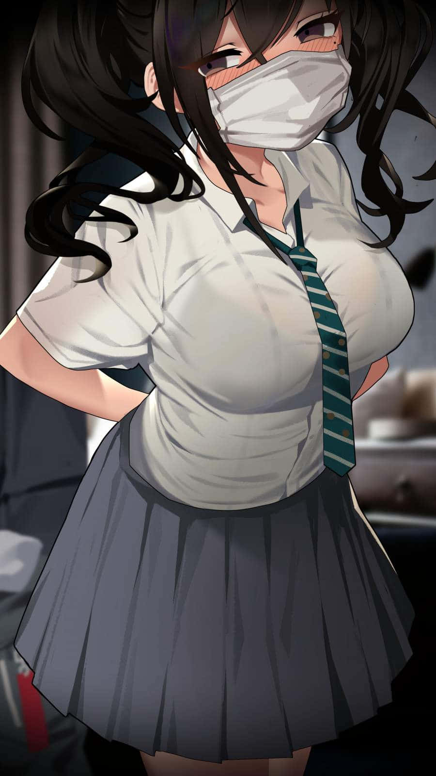 Sevimli Anime Kızı Üniforma Maske Duvar Kağıdı