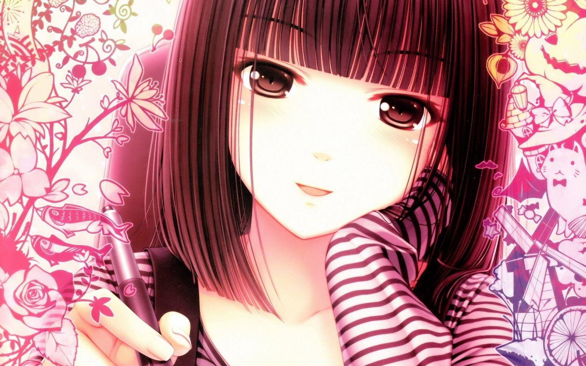 Sevimli Anime Kızı Kalem Tutarken Karalamalar Eşliğinde Duvar Kağıdı
