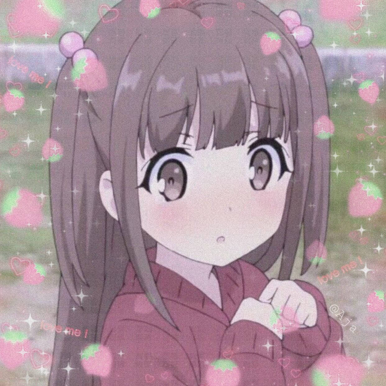 Sevimli Anime Kızı PFP Onnanoko Çilekler ve Kalpler Duvar Kağıdı