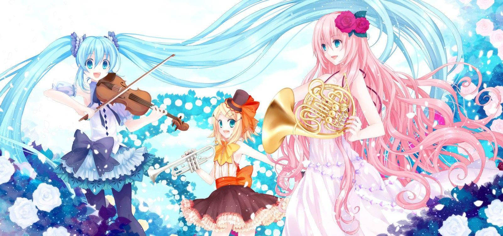 Sevimli Anime Vokaloidleri Enstrümanlarla Duvar Kağıdı