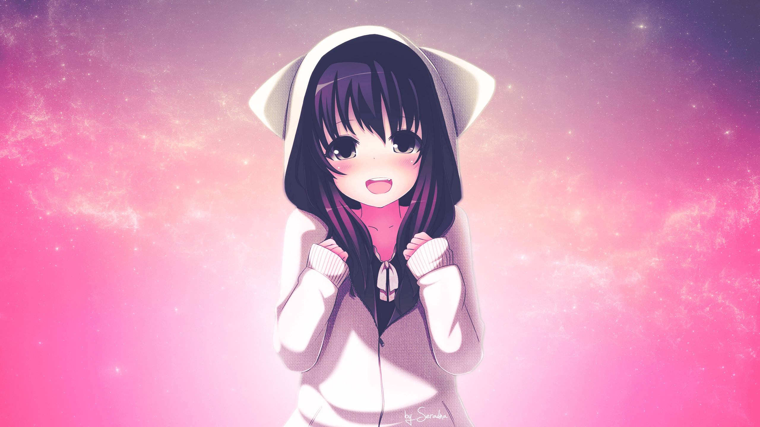 Sevimli bir anime kızı şirin bir kapüşonlu süveter içinde Duvar Kağıdı